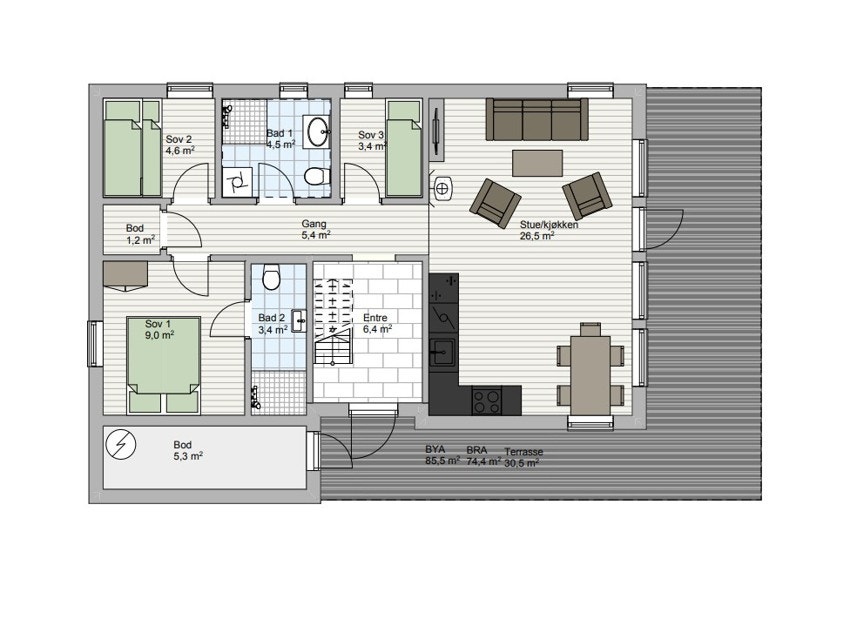 Plantegning hovedetasje. Galleribilde