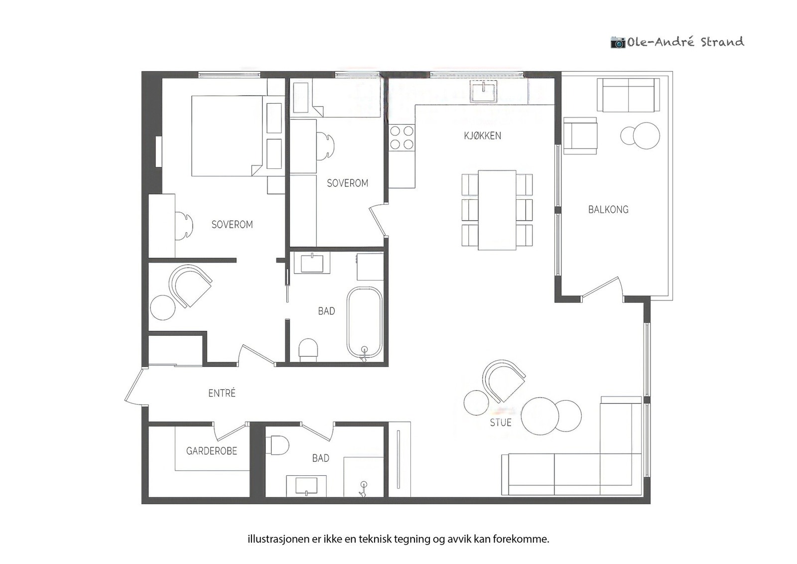 Leiligheten har et areal på 93 m² samt altan på 10 m² og ekstern bod på 5.1 m² Galleribilde