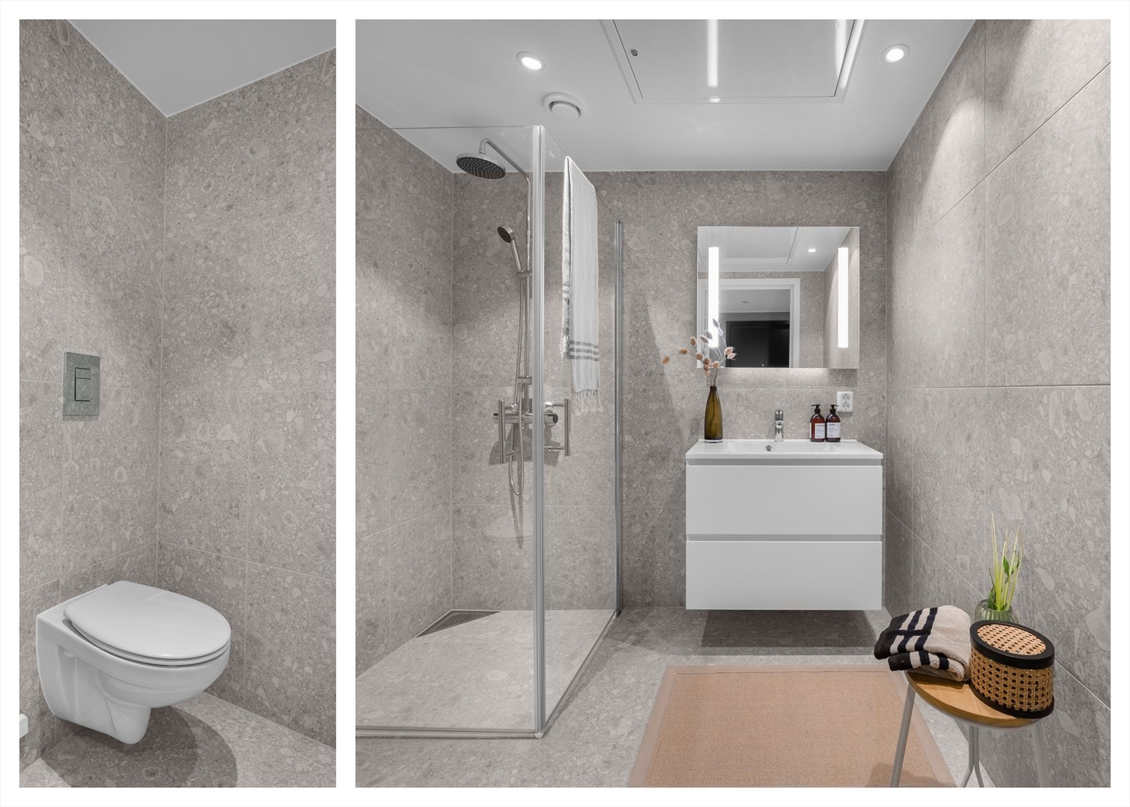 Moderne og stilrent bad som gir et eksklusivt og tidløst uttrykk. Servantskapet har et moderne, minimalistisk design i hvitt, og gir praktisk oppbevaring. Over servanten henger et speil med integrert LED-belysning, som gir både god arbeidslys Galleribilde