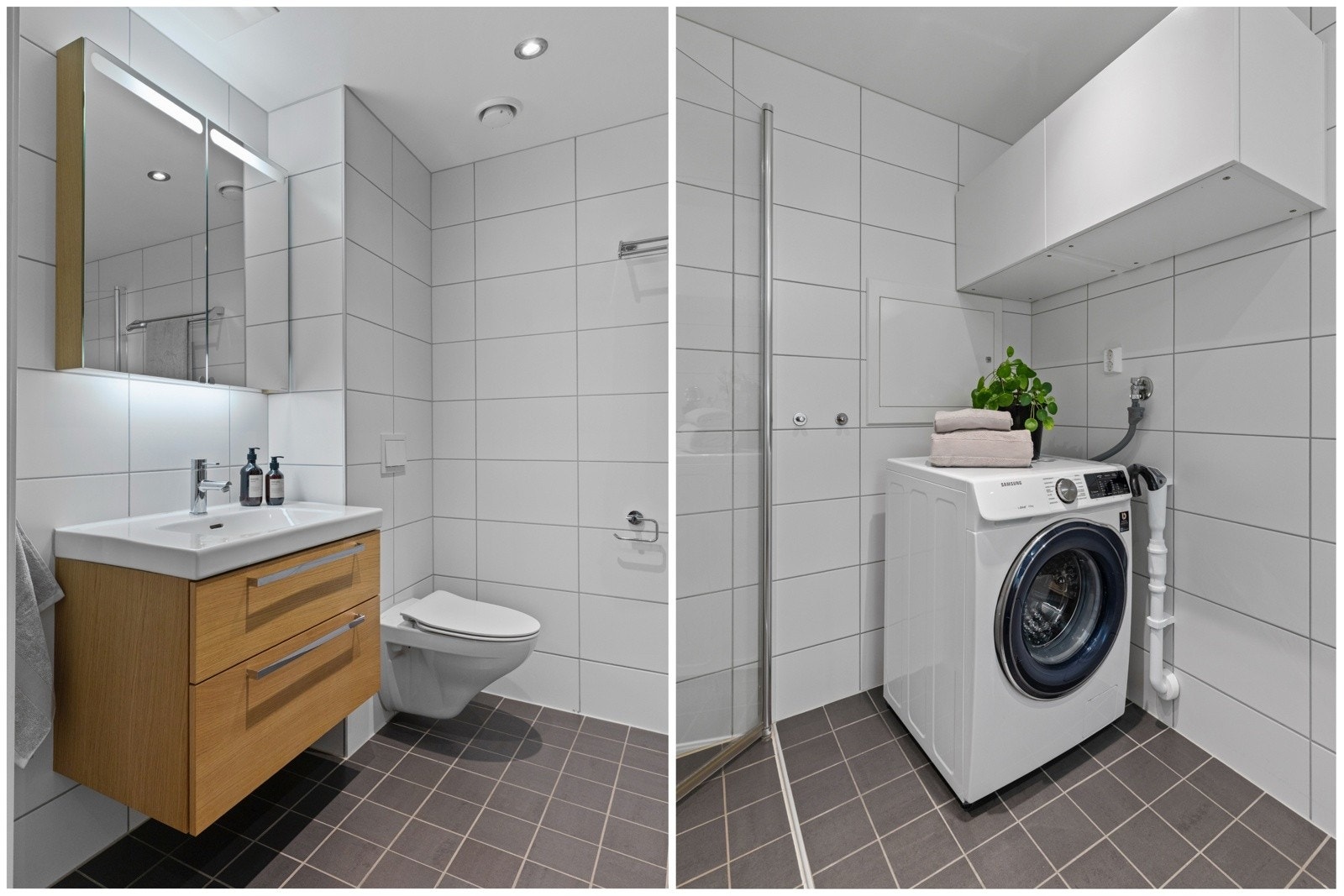 Opplegg til vaskemaskin og tørketrommel, samt praktisk vegghengt skap til oppbevaring. Galleribilde