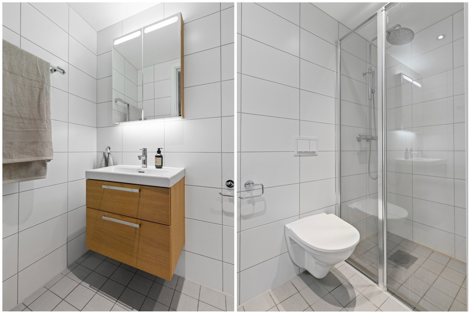 Badet er delikat med innredning fra Svedberg. Stor dusjsone med glassvegg, regnfallsdusj og vegghengt toalett fra Porsgrund. Galleribilde