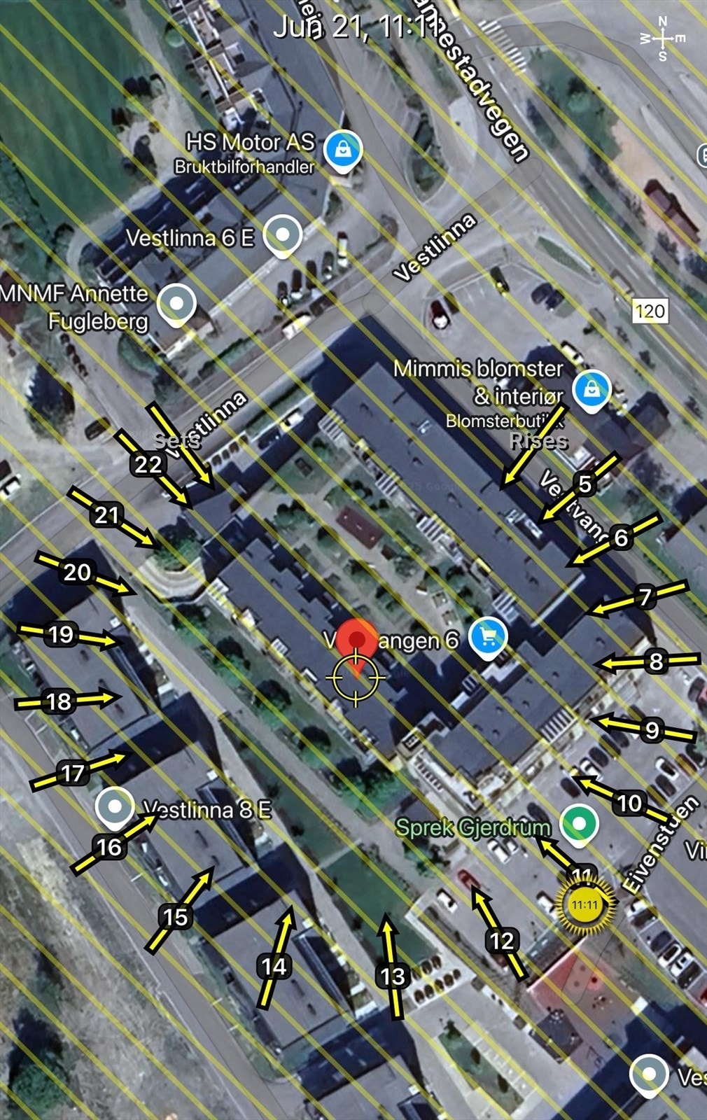 Solkart er kun ment som en illustrasjon over solforholdene midtsommers (21.6). Teknologien som brukes kan slå feil pga. kalibrering e.l. Solforhold må derfor også kontrolleres selv ved hjelp av kompass, kart eller egen app hvis dette er av betydning. Galleribilde