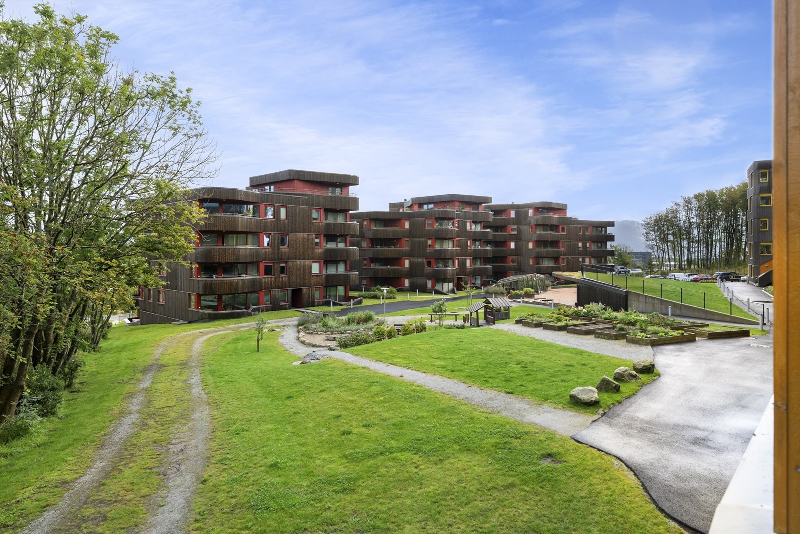 - Flott utsikt over fellesområdene med grønnsakshage, drivhus, lekeplass og felleslokale for å nevne noe - Galleribilde