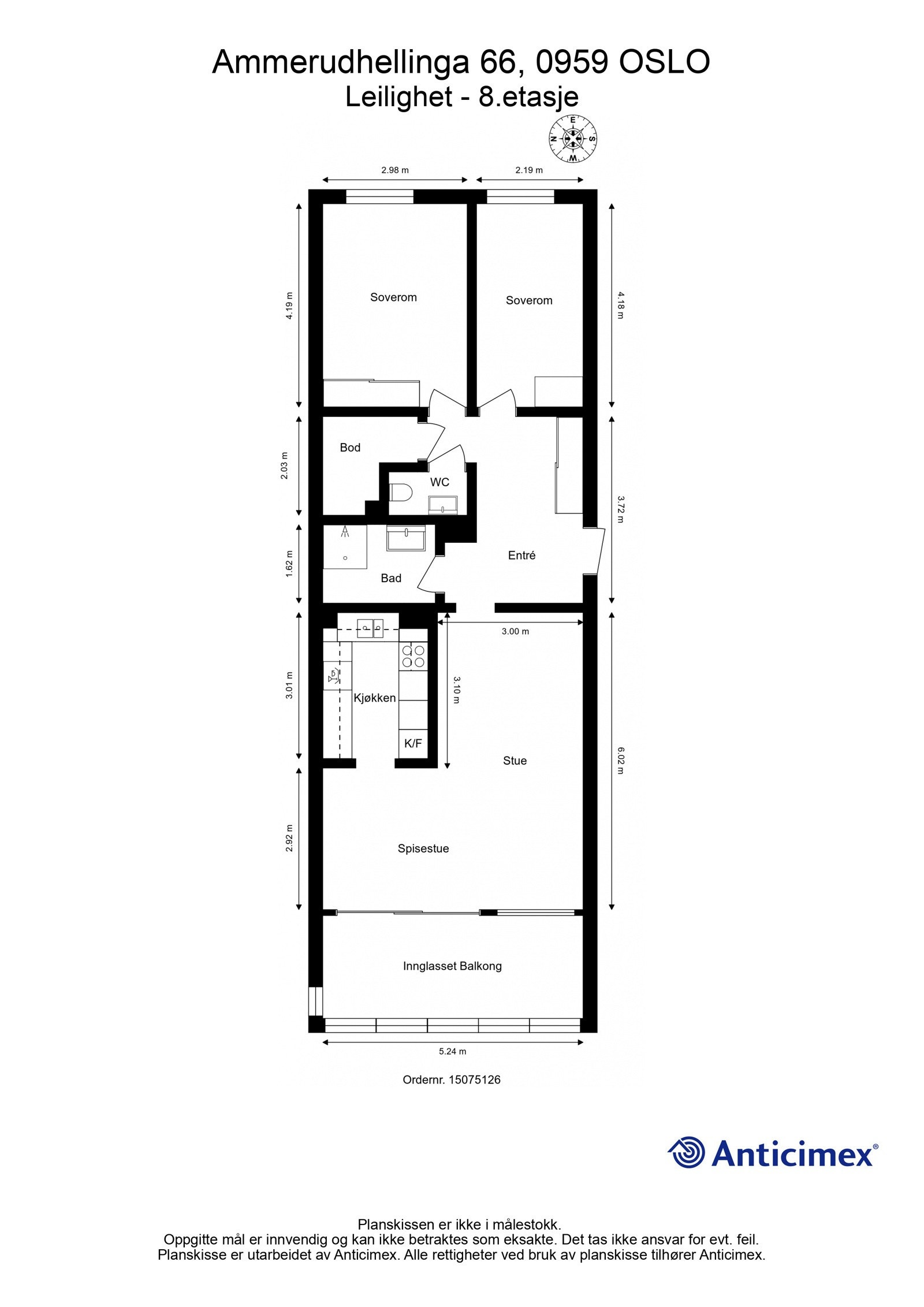 Plantegning 8. etasje med heis. I tillegg disponerer leiligheten en bod på ca. 2m² i underetasje. Galleribilde