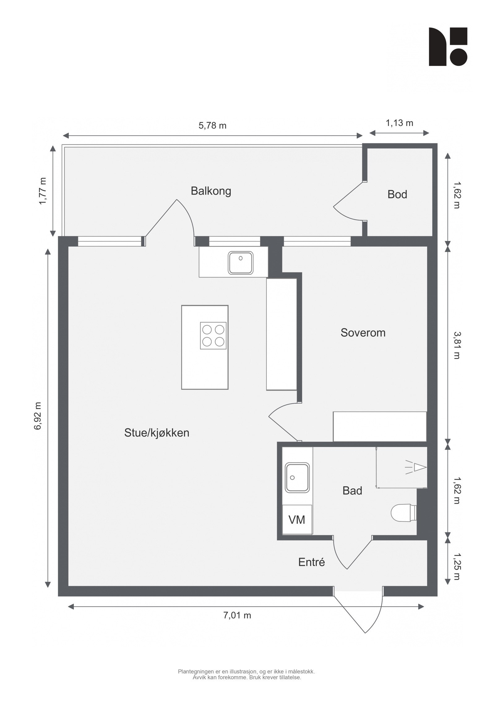 Plantegning 2. etasje. I tillegg disponerer leiligheten en bod på ca. 4m² på bakkeplan i nabobygget. Galleribilde