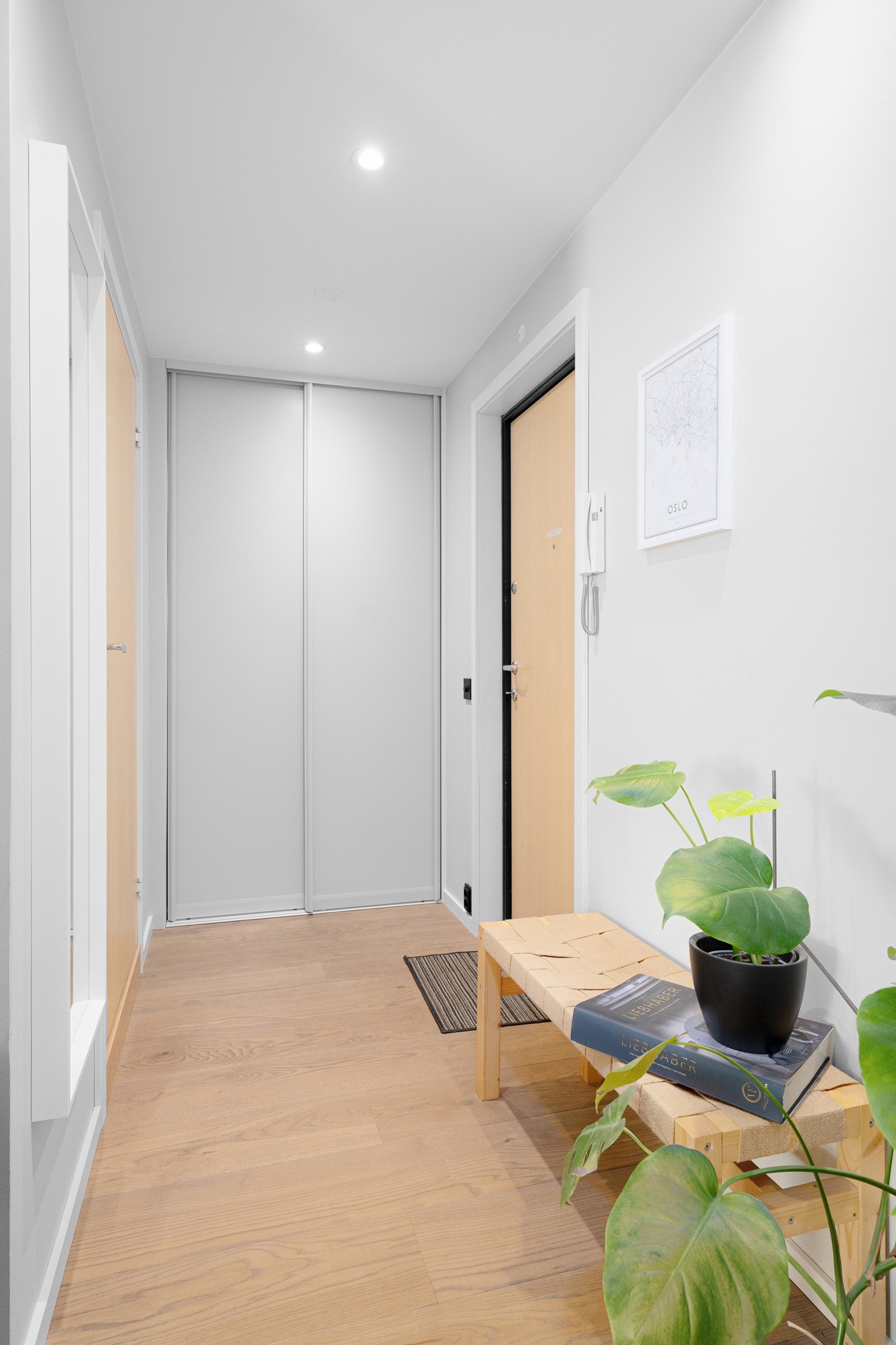 I entréen har du god plass til sko og yttertøy i plassbygget skyvedørsgarderobe, samt ytterligere plass til oppheng, skoskap eller kommode. Montert porttelefon på vegg ved inngangsdøren. Det ble også montert sikringsskap inne i leiligheten i 2022. Galleribilde