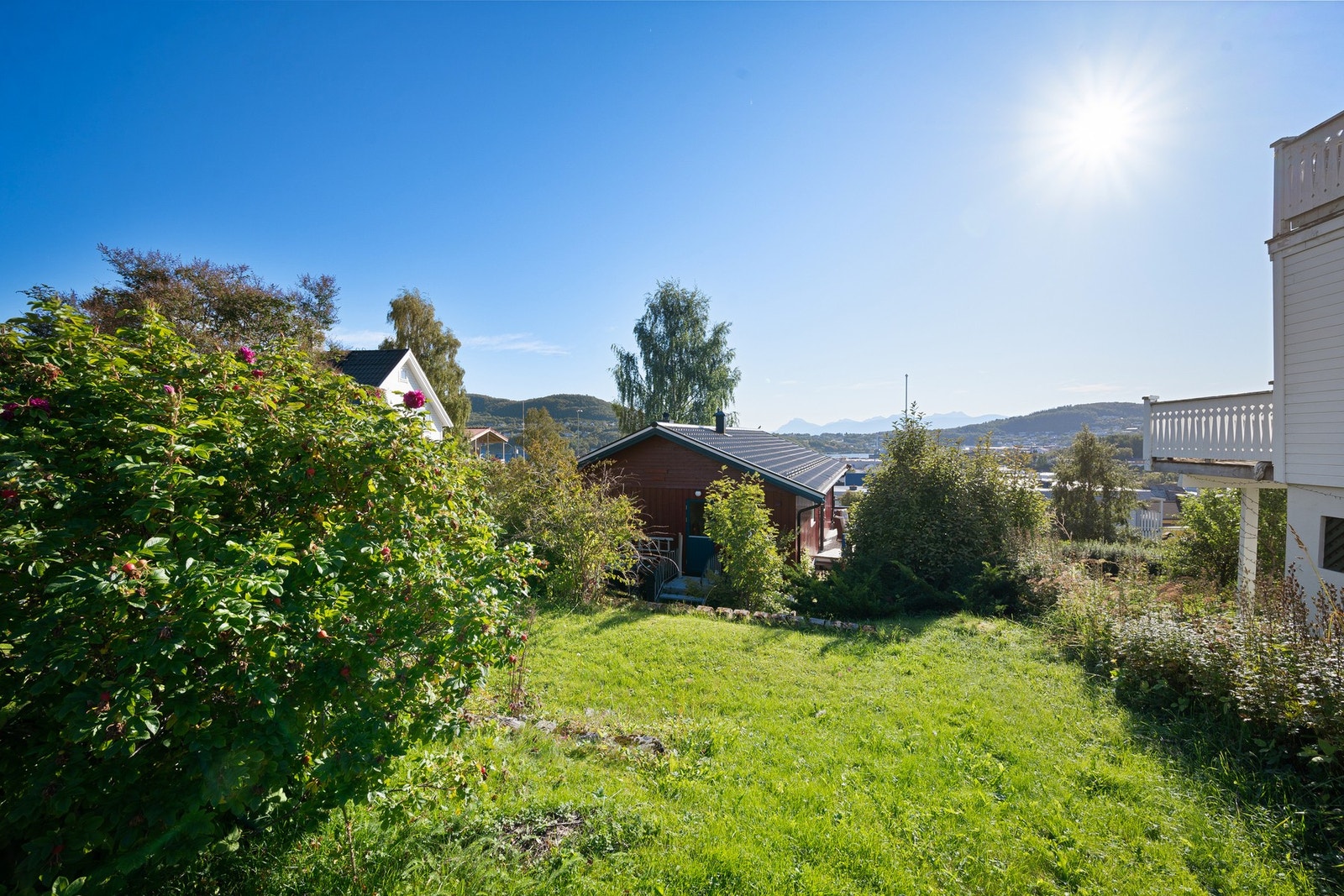 Stor hage med rom for lek, hageprosjekter og uteplasser i sola Galleribilde