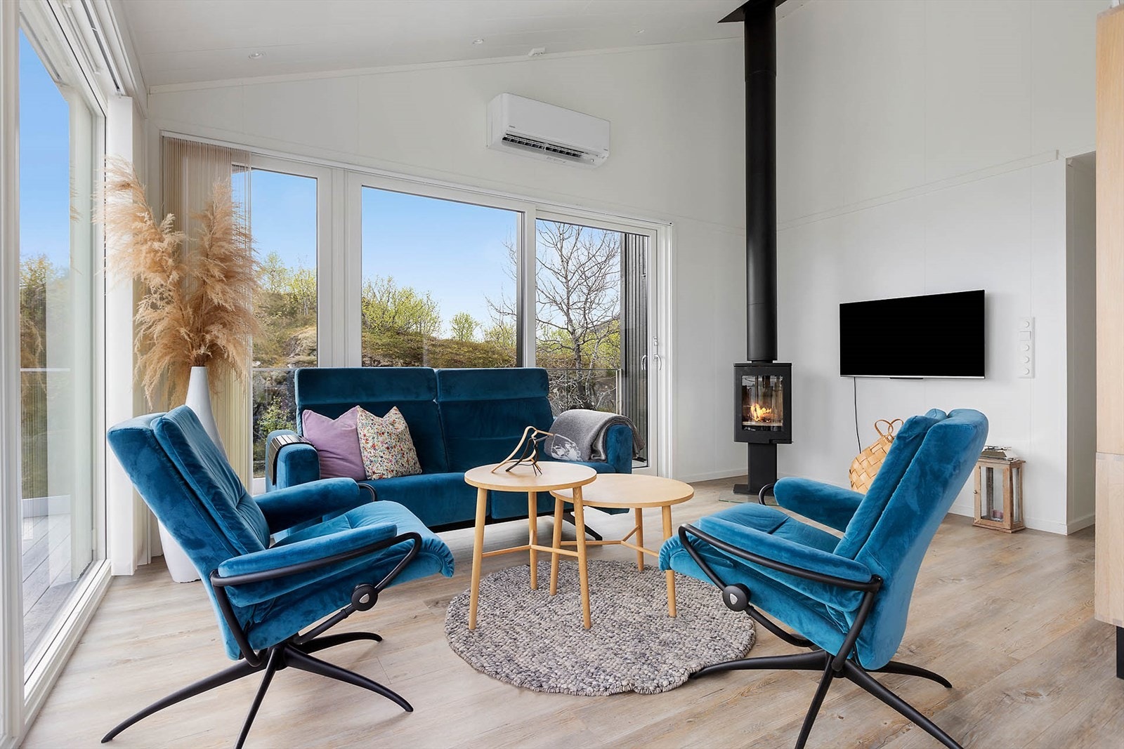 Det er både vedovn og varmepumpe i stuen Galleribilde