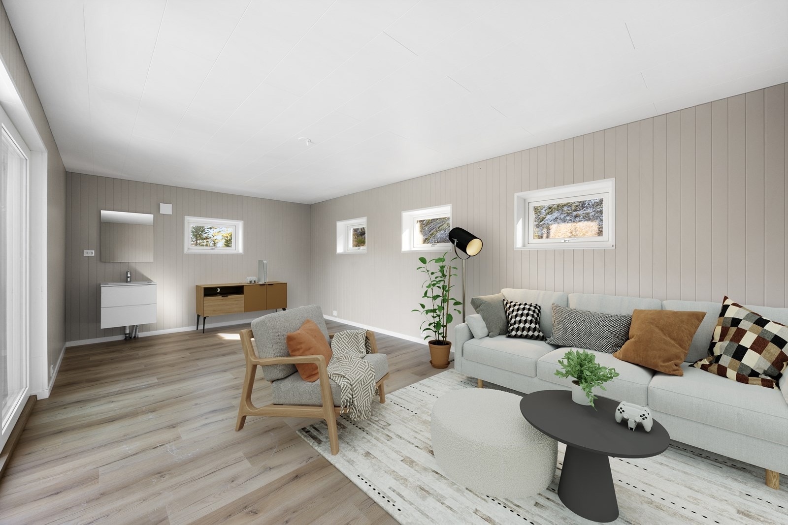 Rommet kan enkelt innredes som en ekstra stue, gjesteavdeling eller hobbyrom. Bildet er digitalt illustrert. Galleribilde