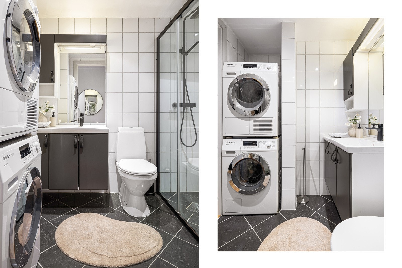 - Badet fremstår lyst og innbydende med fliser på gulv og vegger, spotlights i taket og elektriske varmekabler i gulvet - Galleribilde
