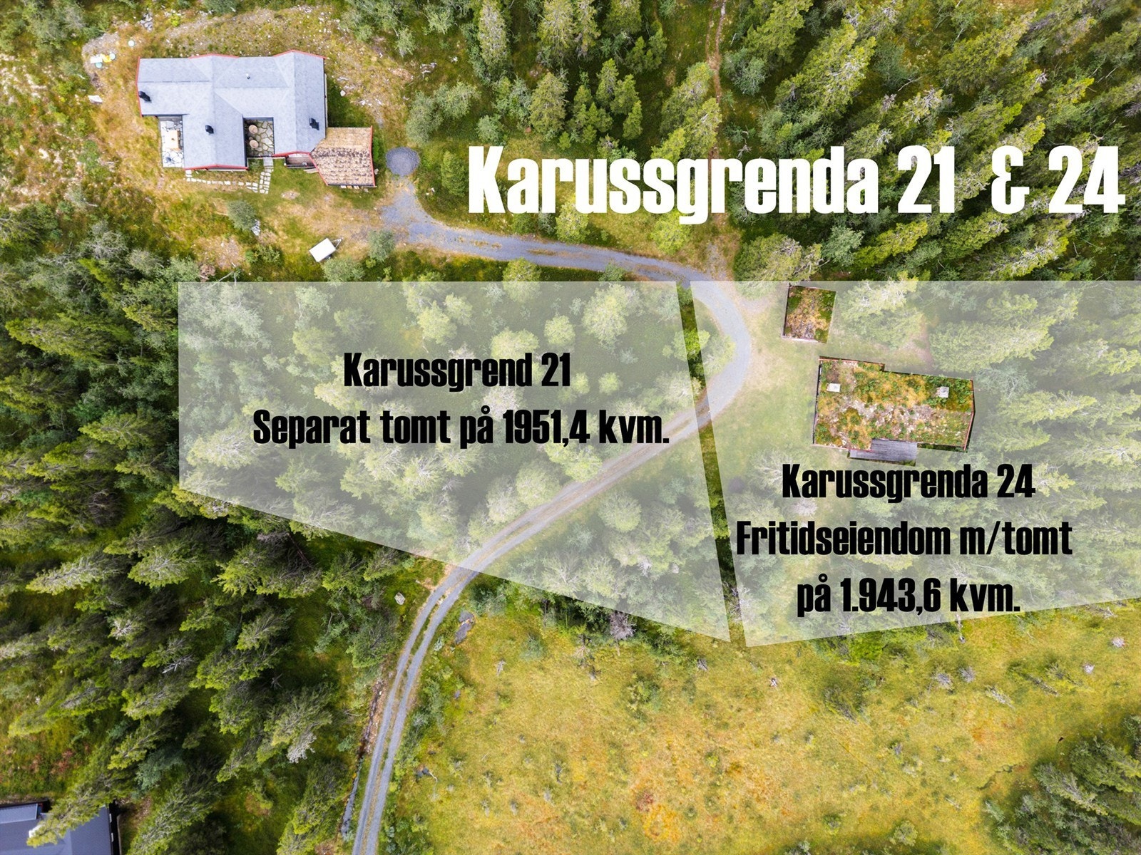 Velkommen til Karussgrenda 21 og 24. Sjarmerende fritidseiendom med tilhørende separat tomt (inntegning er ikke eksakt). Galleribilde