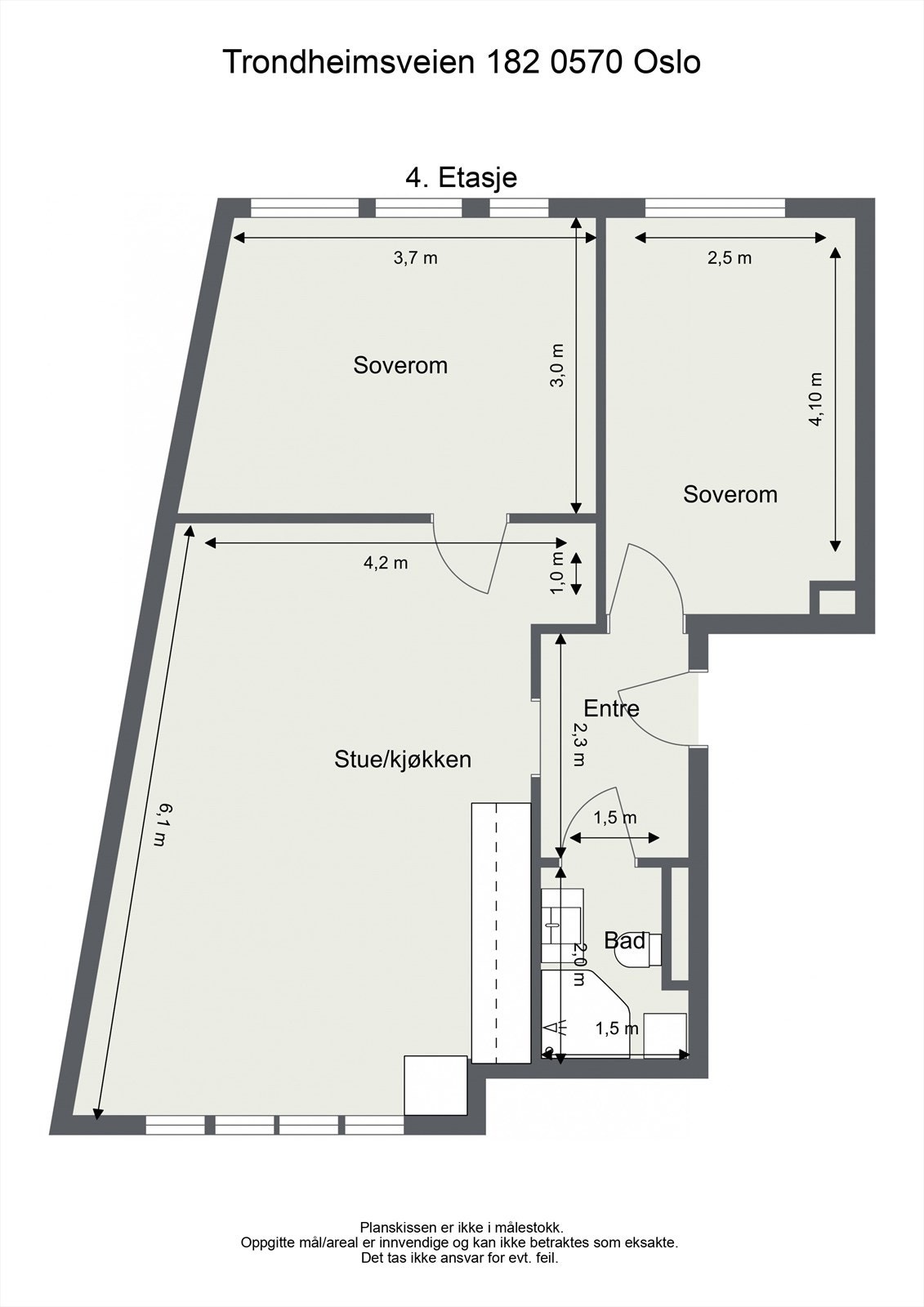 Plantegning fra takstmann. Leiligheten inneholder entré, stue- og kjøkken, bad og to romslige soverom. Kjellerbod for lagring. Galleribilde
