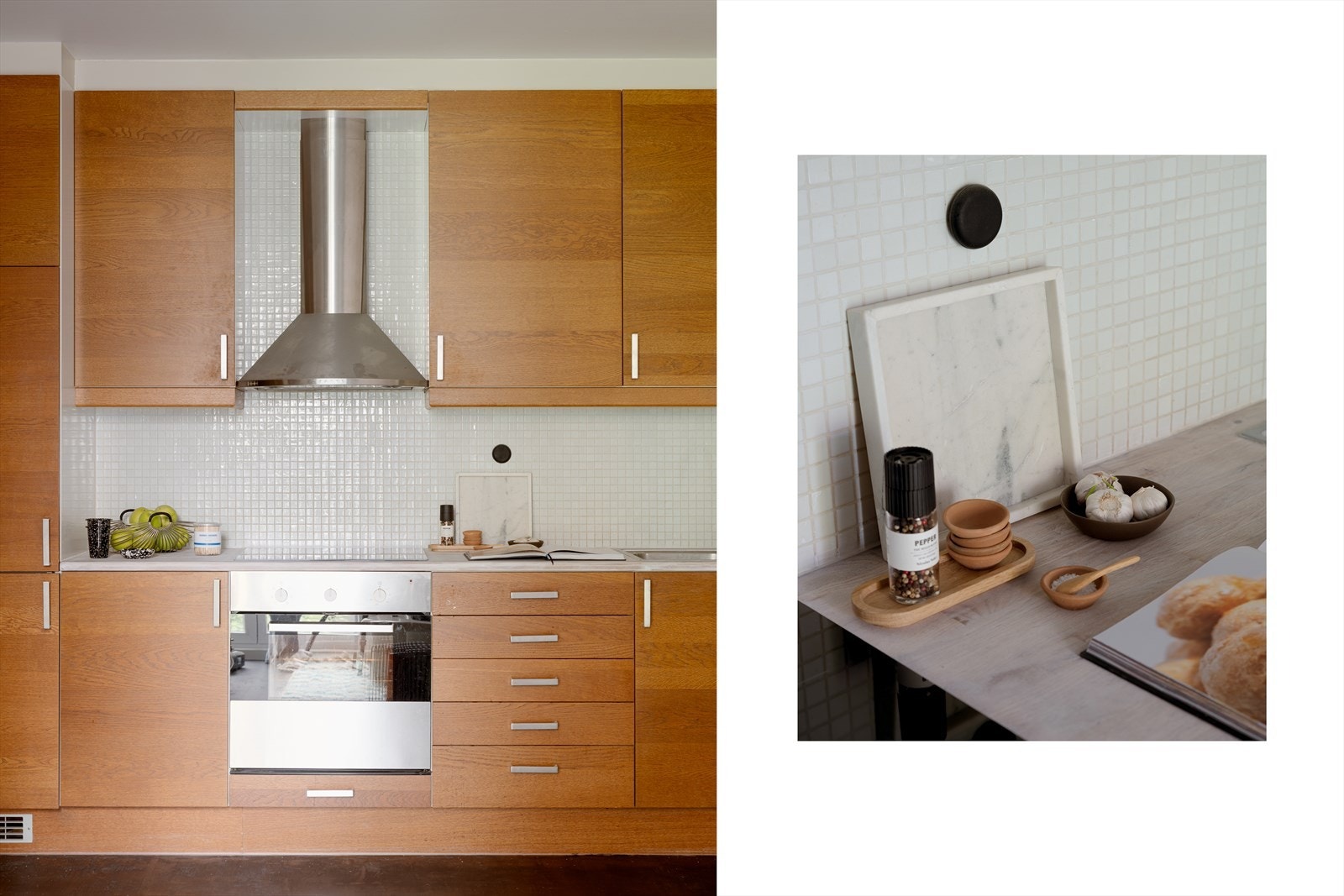 Glatte, folierte fronter med trestruktur fra IKEA med lakkert heltre benkeplate. Komfyr med induksjons platetopp (2015), oppvaskmaskin og kjøl/frys er integrert i innredningen. Galleribilde