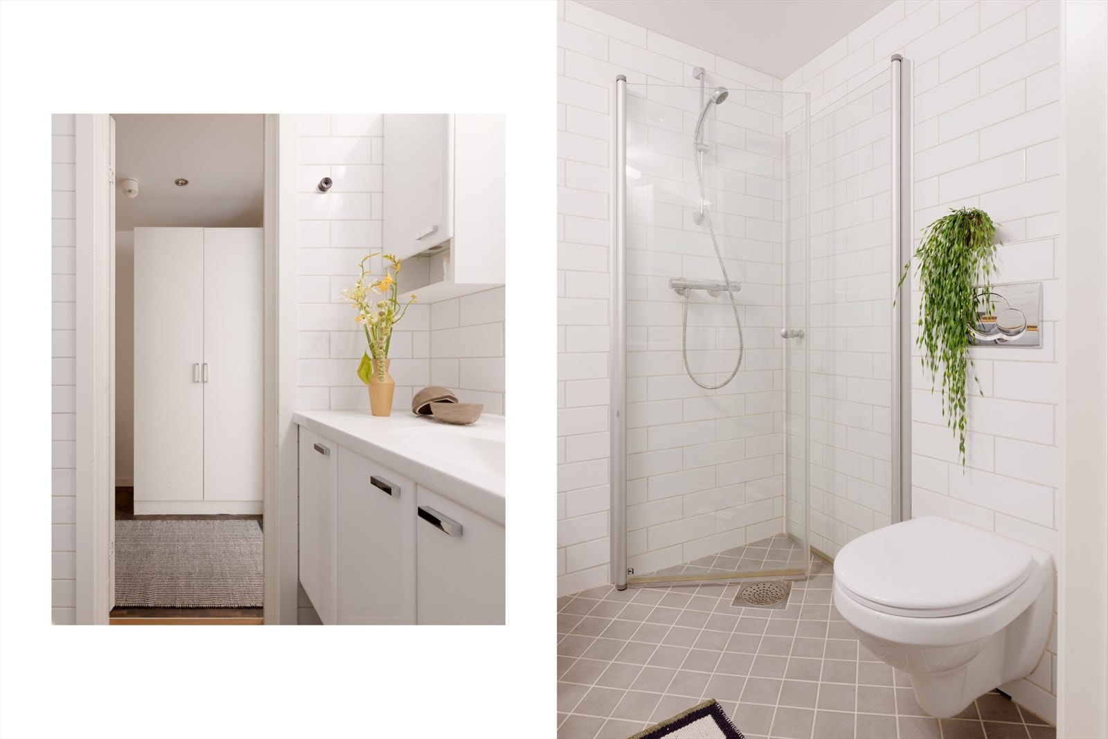 Badet er utstyrt med heldekkende porselensservant, underliggende servantskap, speil, sideskap, veggklosett, veggmonterte, svingbare dusjvegger og opplegg til vaskemaskin i servantskap. Galleribilde