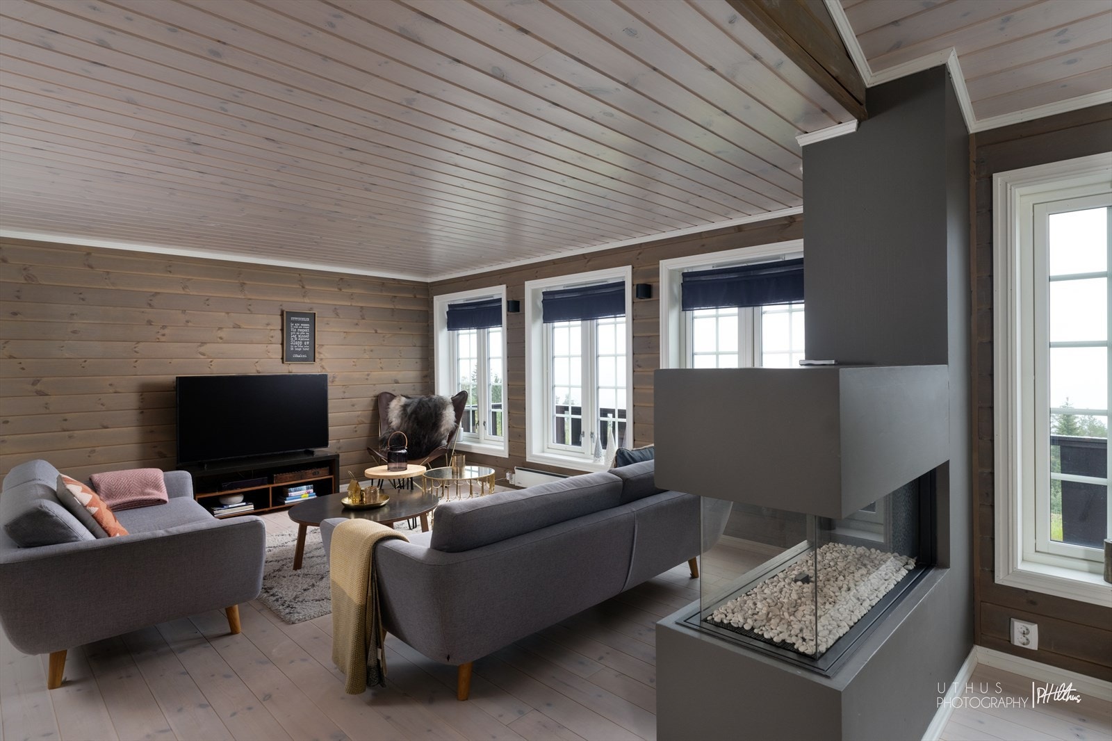 Lys og romslig stue med stilfull gasspeis. Galleribilde