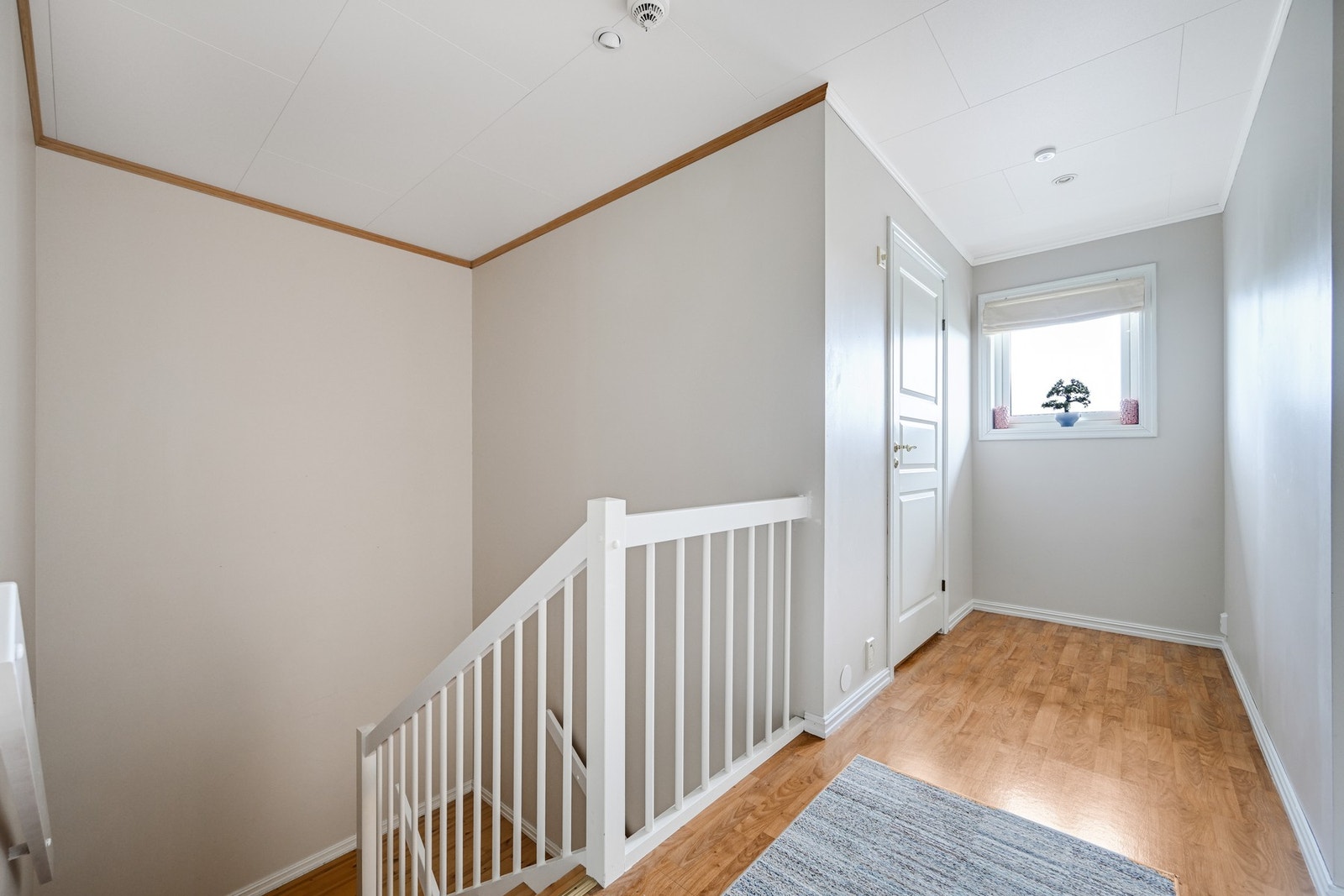 Trapperommet og gangen i 2. etasje fremstår som lyst og luftig med lysmalt rekkverk i trappen. Galleribilde