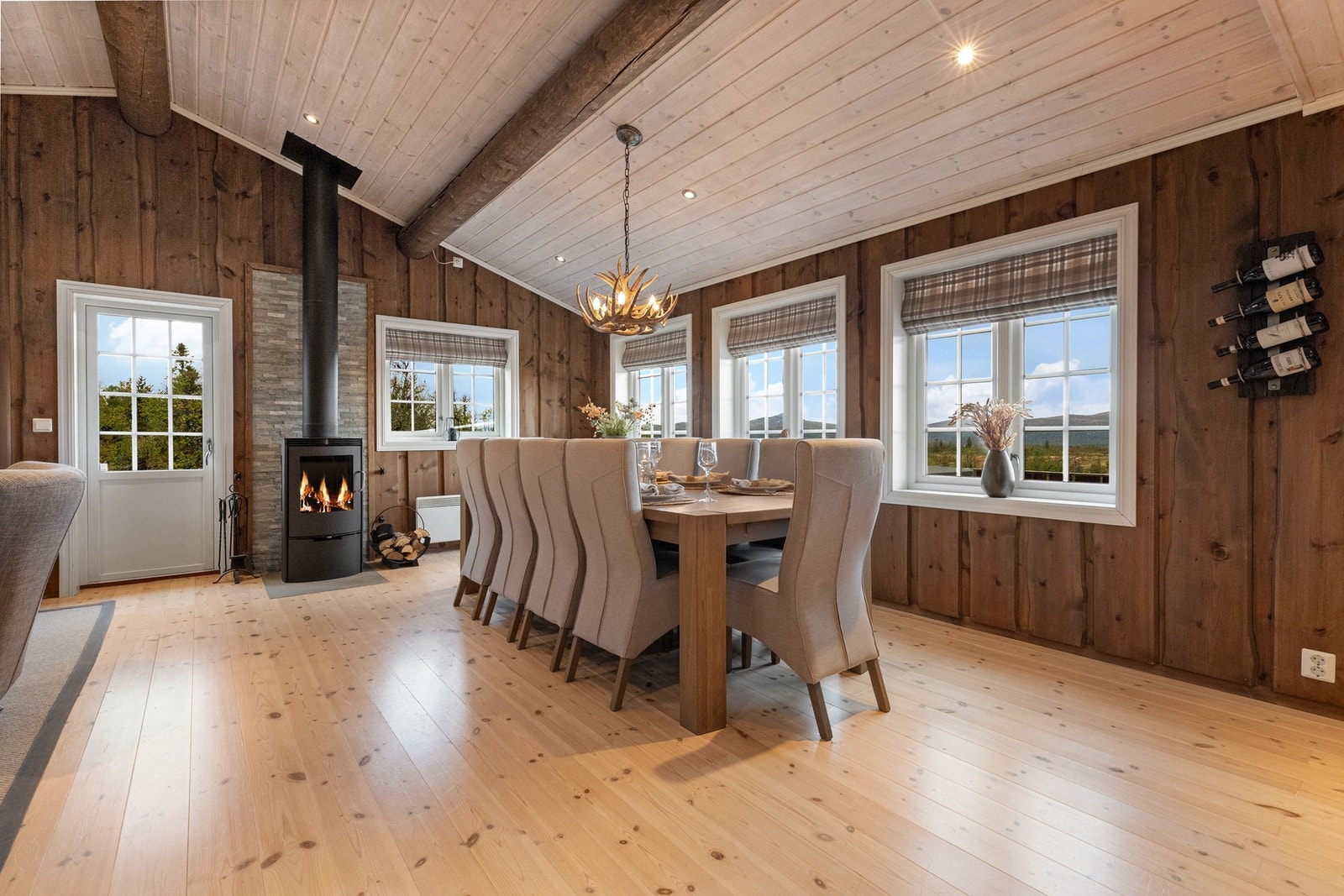 Flott peisovn plassert i stuen som gir en lun varme og hyggelig atmosfære Galleribilde