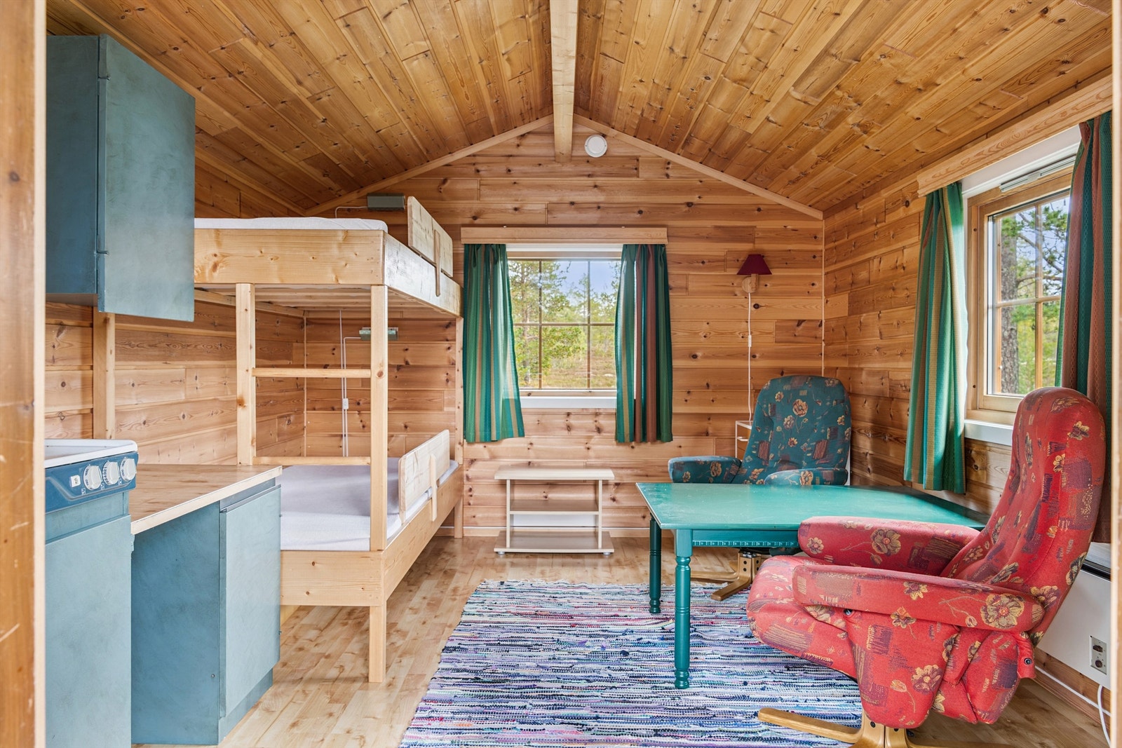 Annekset fra 1995 fungerer utmerket som gjestehus, med furugulv og panel på vegger og tak. Galleribilde