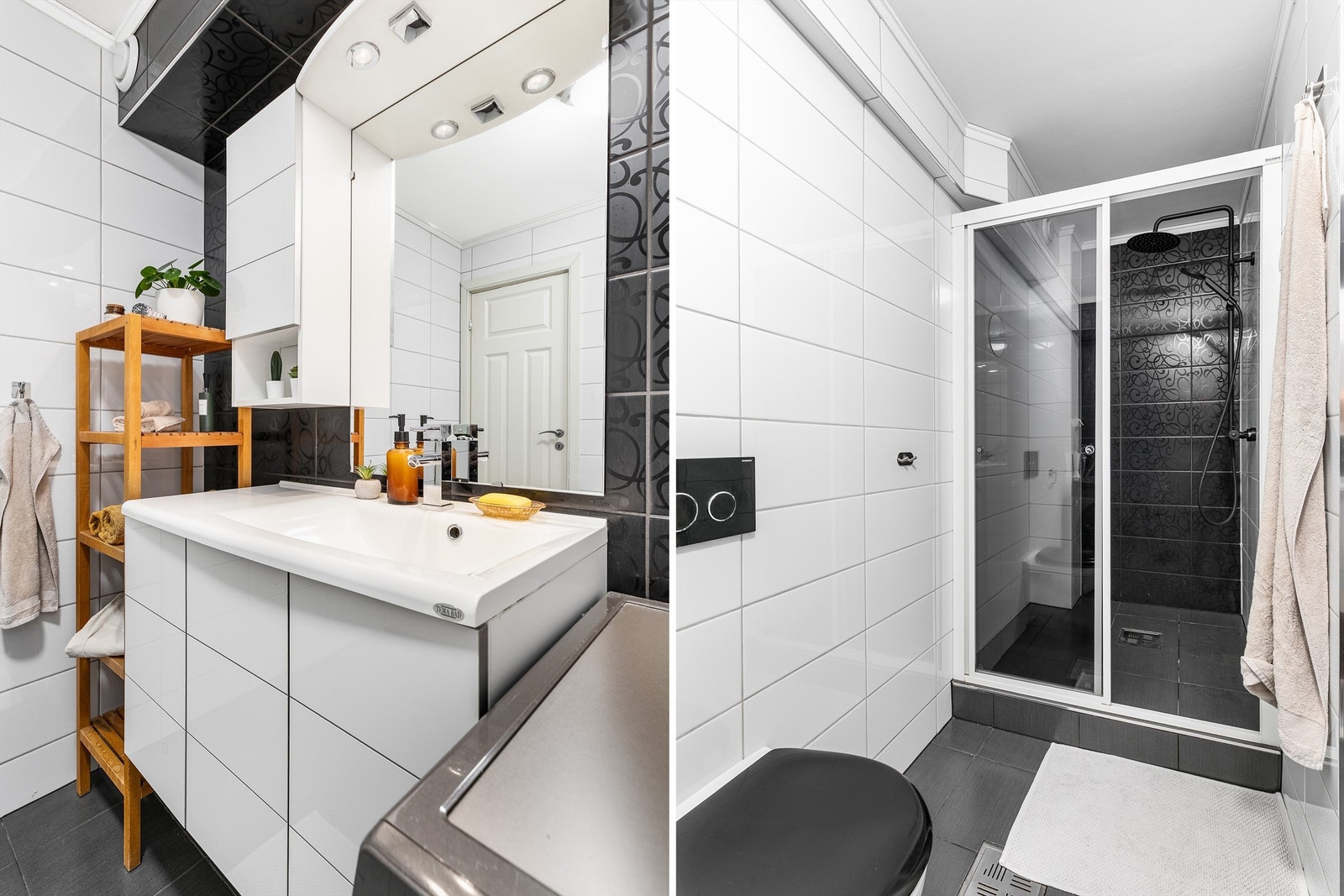 Badet er av generøs størrelse for denne typen leilighet. Arealet er utnyttet med en romslig dusjnisje og innebærer i tillegg god plass for en vaskesøyle. Galleribilde