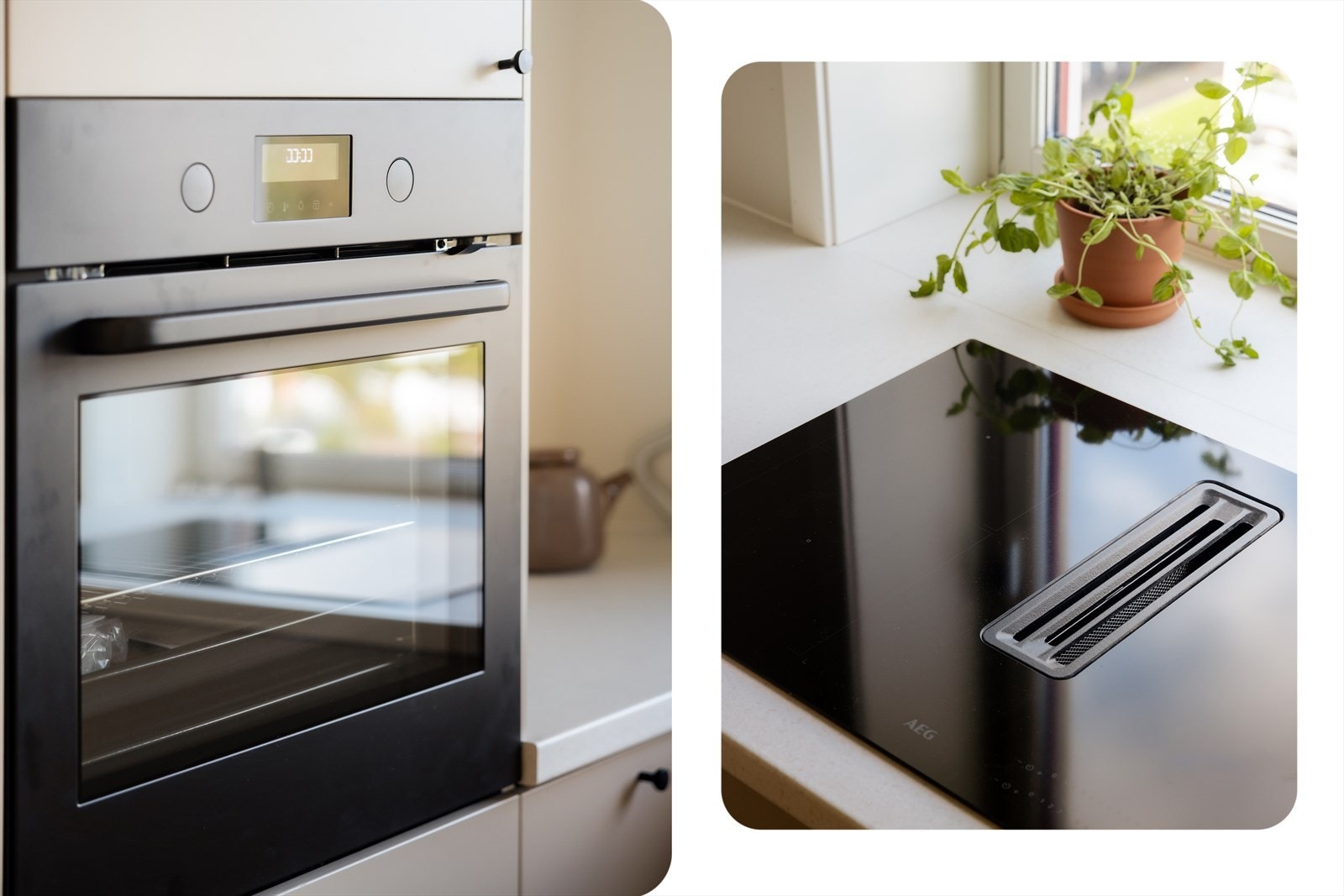 Hvitevarer levert av IKEA og AEG - platetoppen med kullfilter og direkte avtrekk ned under benkeplaten. Galleribilde