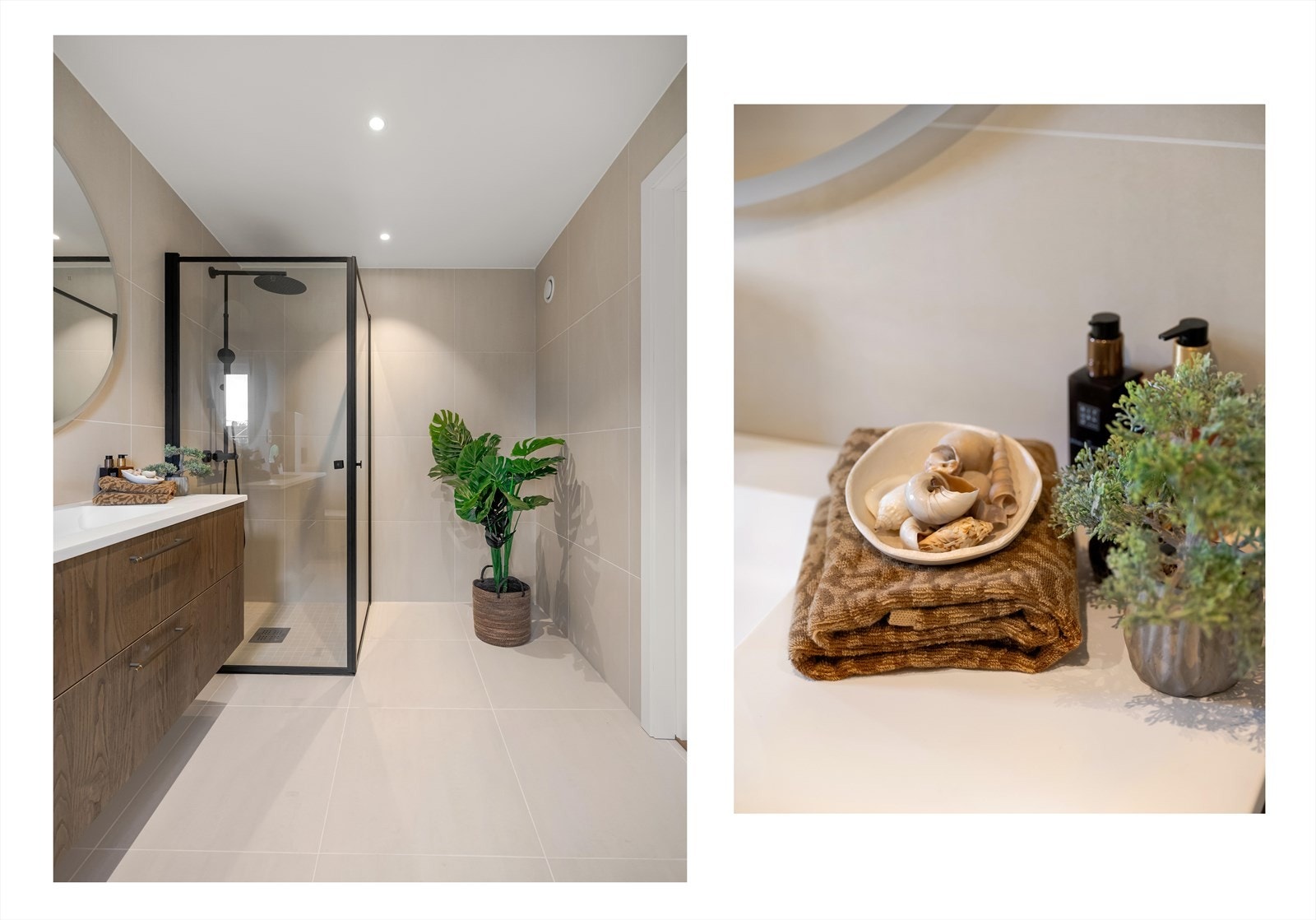 Det er flislagte gulv med varme og vegger i lyse, lune toner som skaper en rolig og eksklusiv atmosfære. Integrerte downlights i himling sørger for jevn og behagelig belysning. Innredet med vegghengt toalett og dusjhjørne med regnfallsdusj. Galleribilde