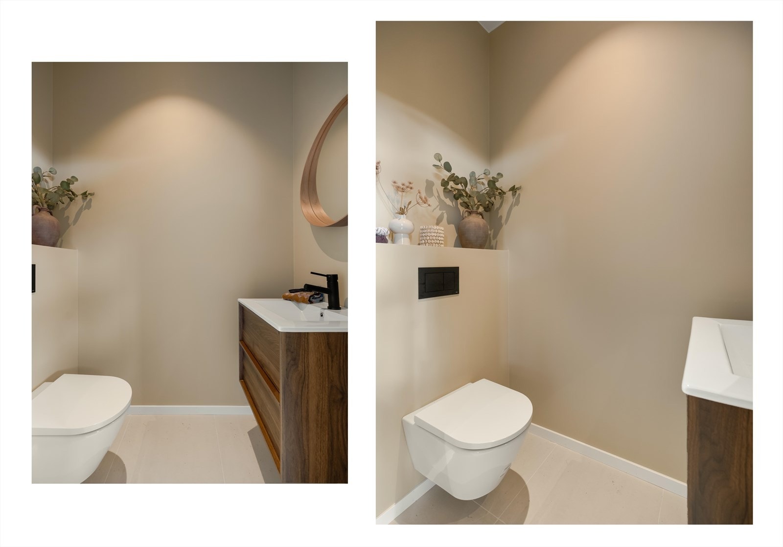 Det separate toalettrommet er like gjennomført med flislagte overflater, vegghengt toalett og en elegant baderomsinnredning. Varme jordtoner kombinert med treverk og naturlige dekorelementer gir et harmonisk og moderne uttrykk. Galleribilde