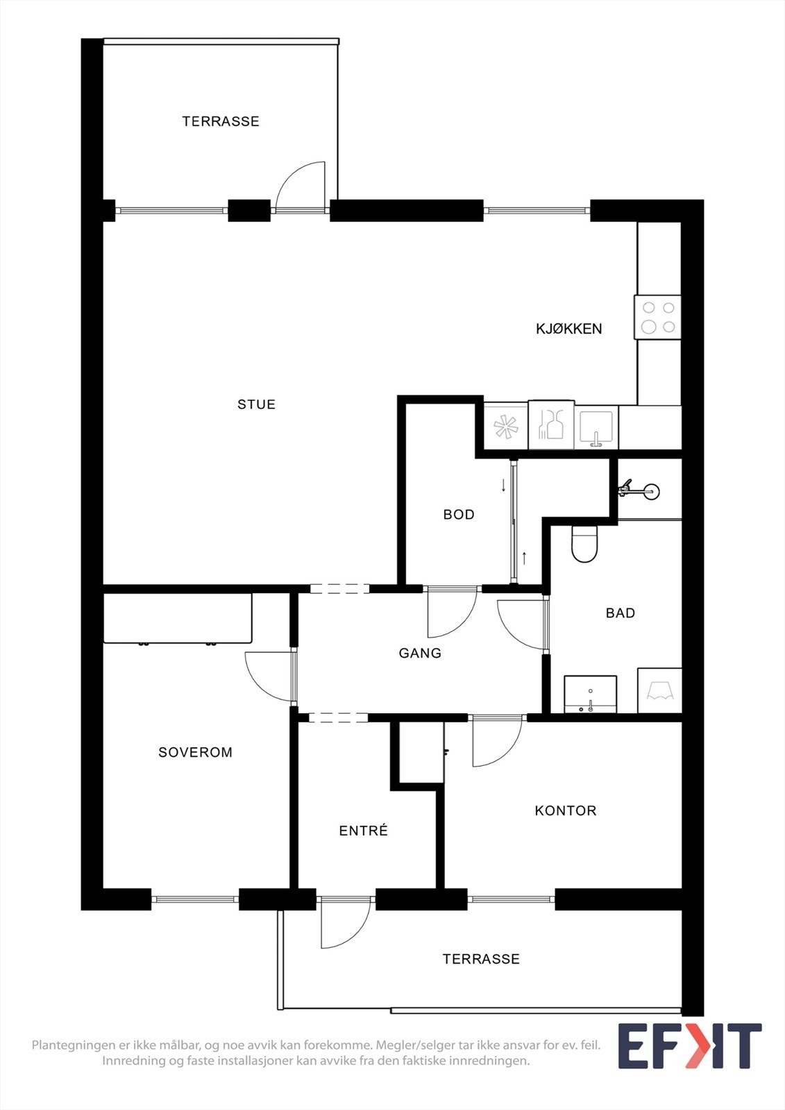 Plantegningen viser en effektiv planløsning med to soverom, bod og en total BRA-i på 71 m². Galleribilde