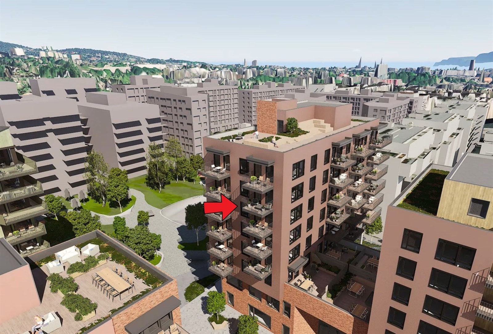 Illustrasjon av fasade med markering av leilighetens beliggenhet. Leiligheten ligger i byggets nest øverste boligetasje og på hjørnet, som gir ekstra vinduer i stuen. Avvik kan forekomme. Galleribilde