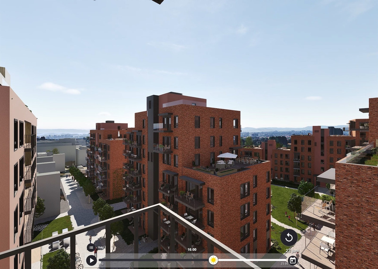 Illustrasjon av utsikt fra leilighetens balkong. Her får man flott utsikt og meget gode solforhold (rundt kl.13:00-21:00 midtsommers). Hentet fra Selvaags simulator. Avvik kan forekomme. Galleribilde