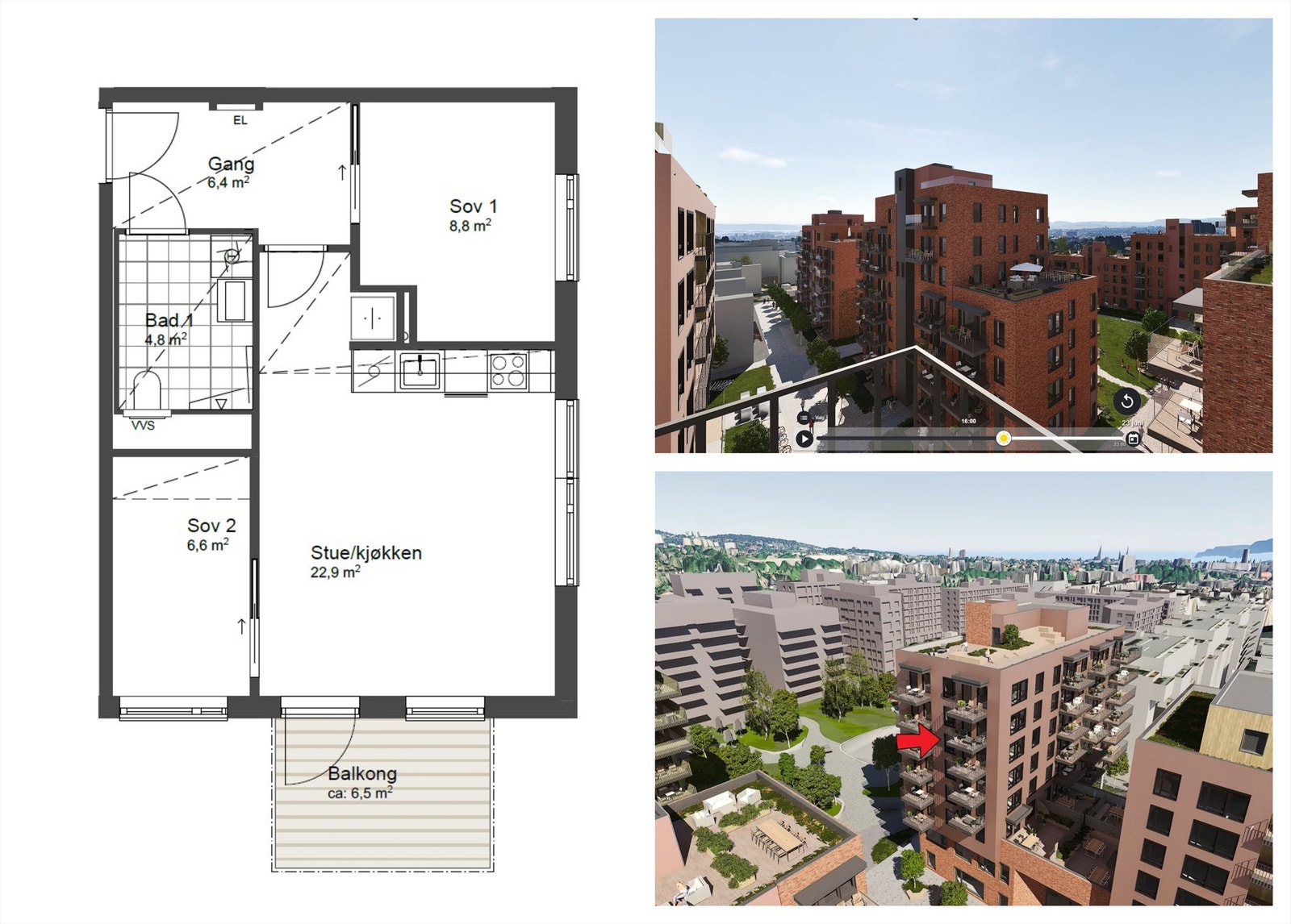 Salg av kontraktsposisjon | Lekker 3-roms hjørneleilighet i 7. etasje med nordvestvendt balkong. Utsikt og gode solforhold. Overtakelse 23.10.25 Galleribilde