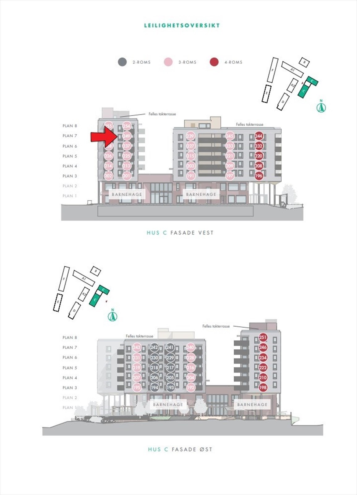 Illustrasjon fasade med markering av leilighetens beliggenhet. Avvik kan forekomme. Galleribilde