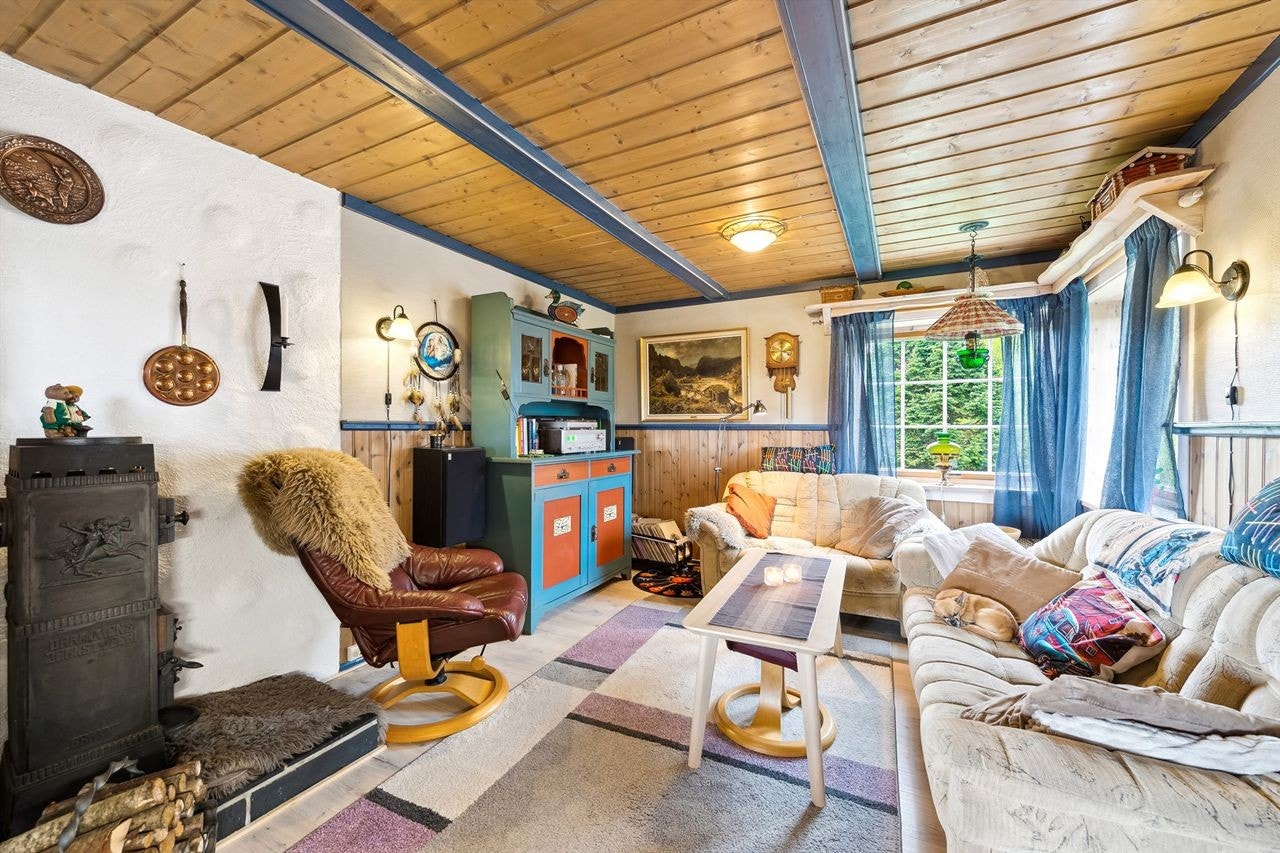 Koselig stue med vedovn som gir ekstra varme og en avslappet atmosfære. Galleribilde