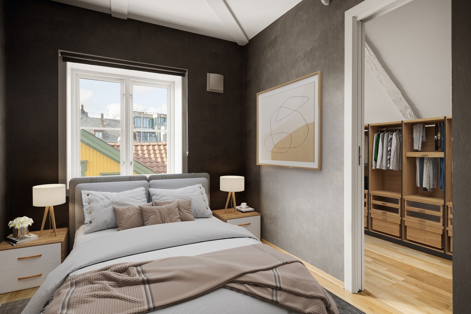 Soverom med innenforliggende omkledningsrom. Bildet er digitalt møblert Galleribilde