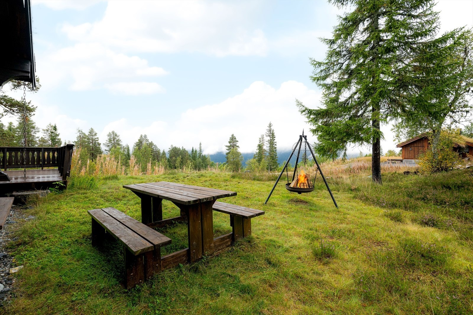 Hytta ligger høyt og fint i terrenget på en flott naturtomt som for det meste består av naturlig vegetasjon som lyng og småtrær. Galleribilde