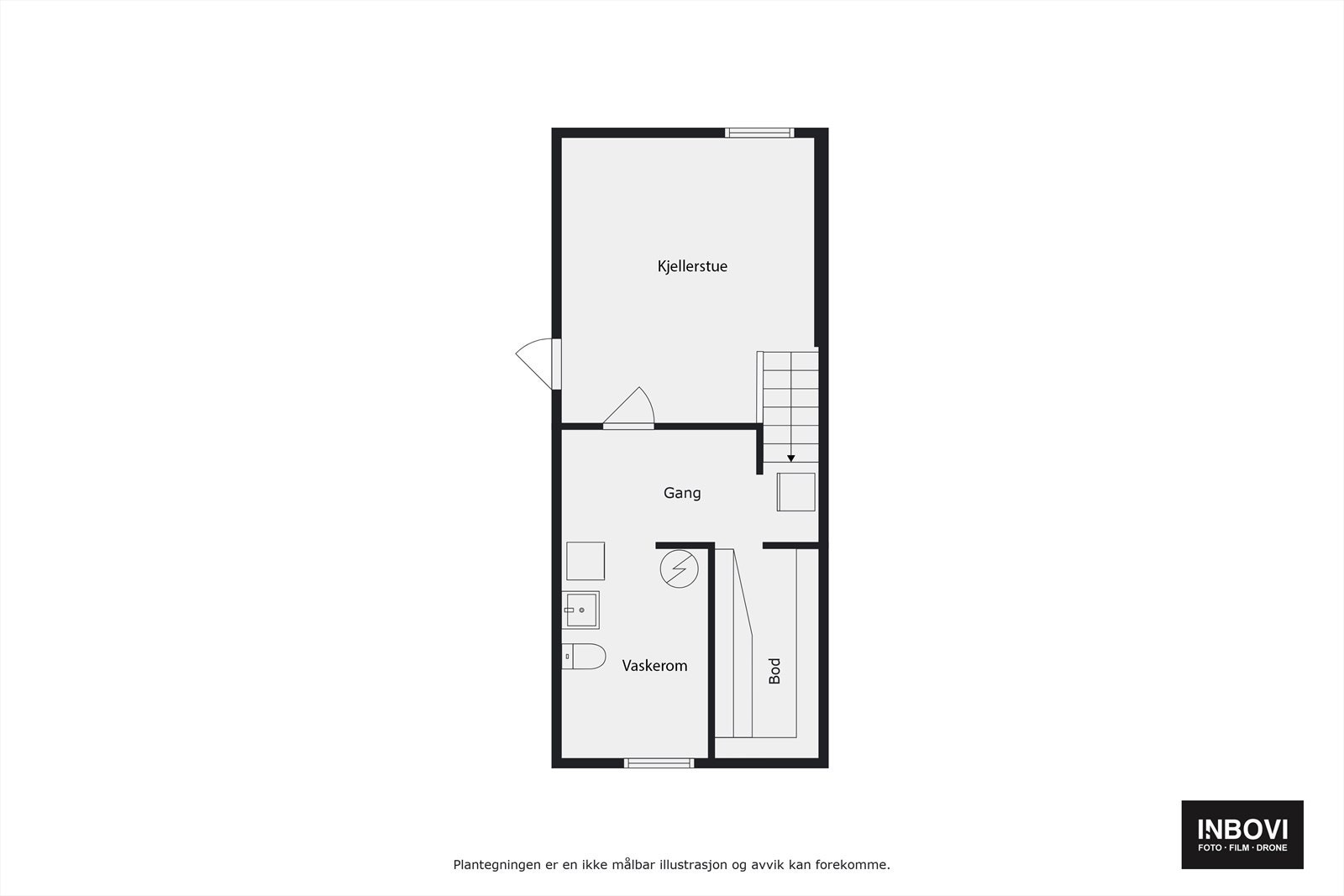 Plantegning kjeller. Kjeller er omsøkt og godkjent bruksendret fra tilleggsdel til hoveddel i 2024. Galleribilde