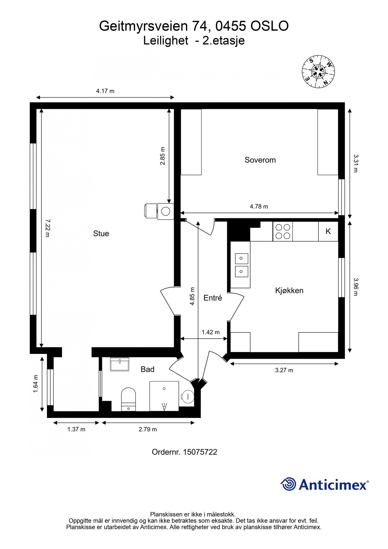 Planløsning. Leiligheten disponerer i tillegg loftsbod og to kjellerboder. Totalt 27 kvm bodplass. Galleribilde
