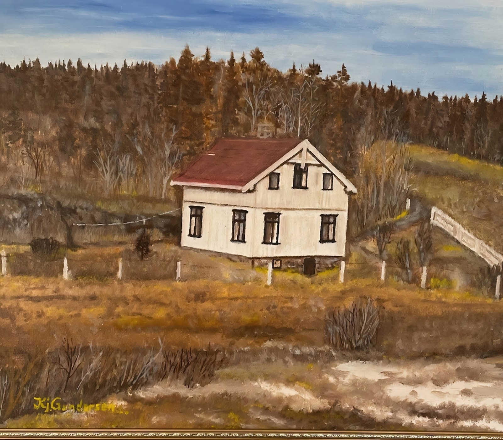 Maleri av "småbruket" "Fjellvang". Huset brant ned for 30 - 40 år siden, og tomten ble siden ryddet. Galleribilde