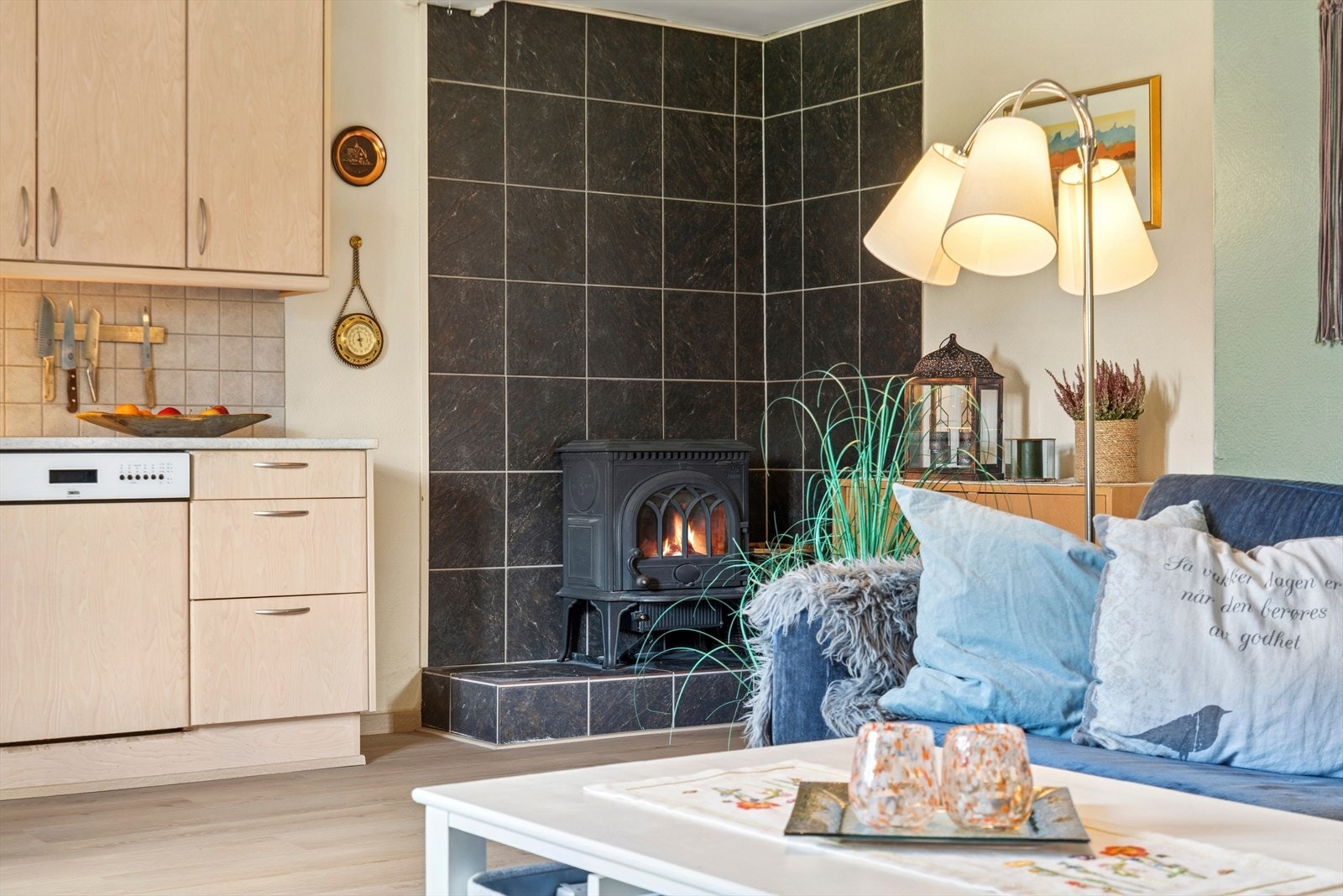 I stuen er det peisovn som gir godt med varme på kalde høst- og vinterdager. Galleribilde