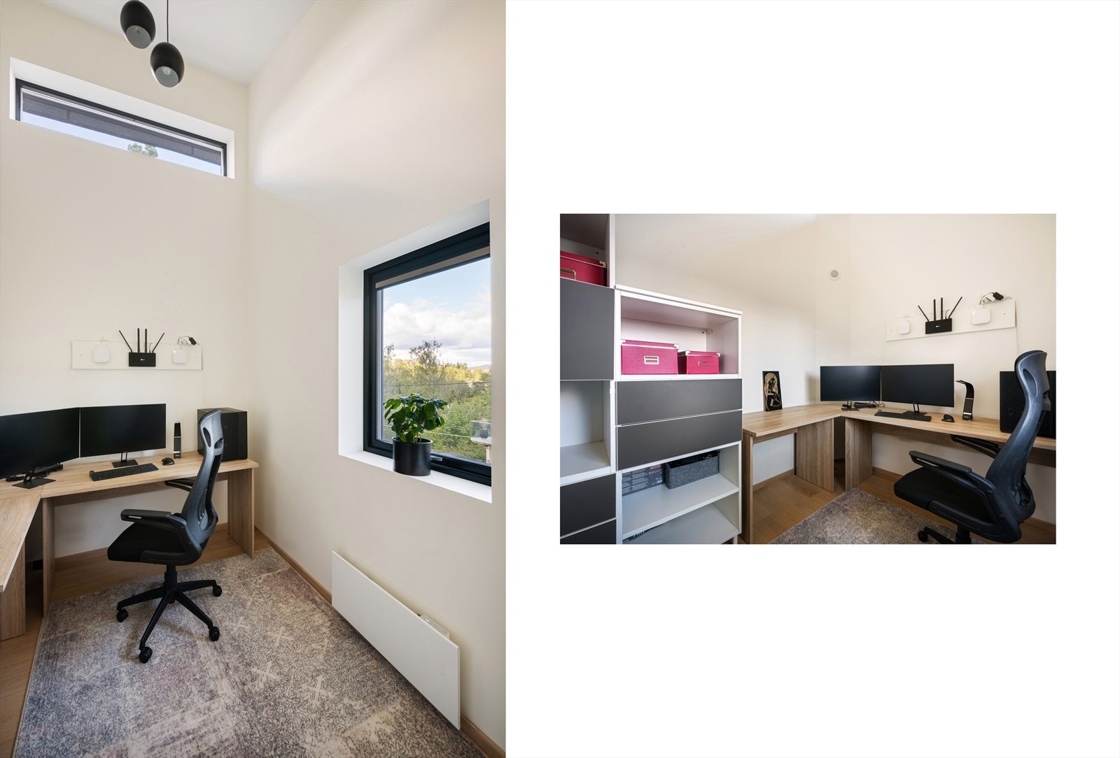 En av boligens soverom er innredet som et praktisk kontor. Her har du generøs takhøyde og god plass til å innrede med skrivebord til hjemmekontor eller studier. Rommet kan også benyttes som gjesterom, barnerom eller hobbyrom ved behov. Galleribilde