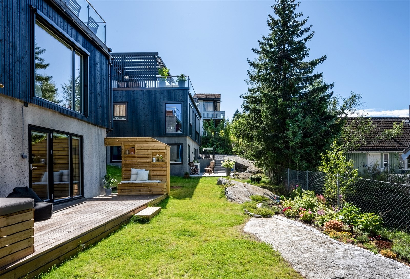 Beliggenheten gir gode solforhold hele dagen, og det er god plass til utemøbler, grill og beplantning etter ønske. Galleribilde