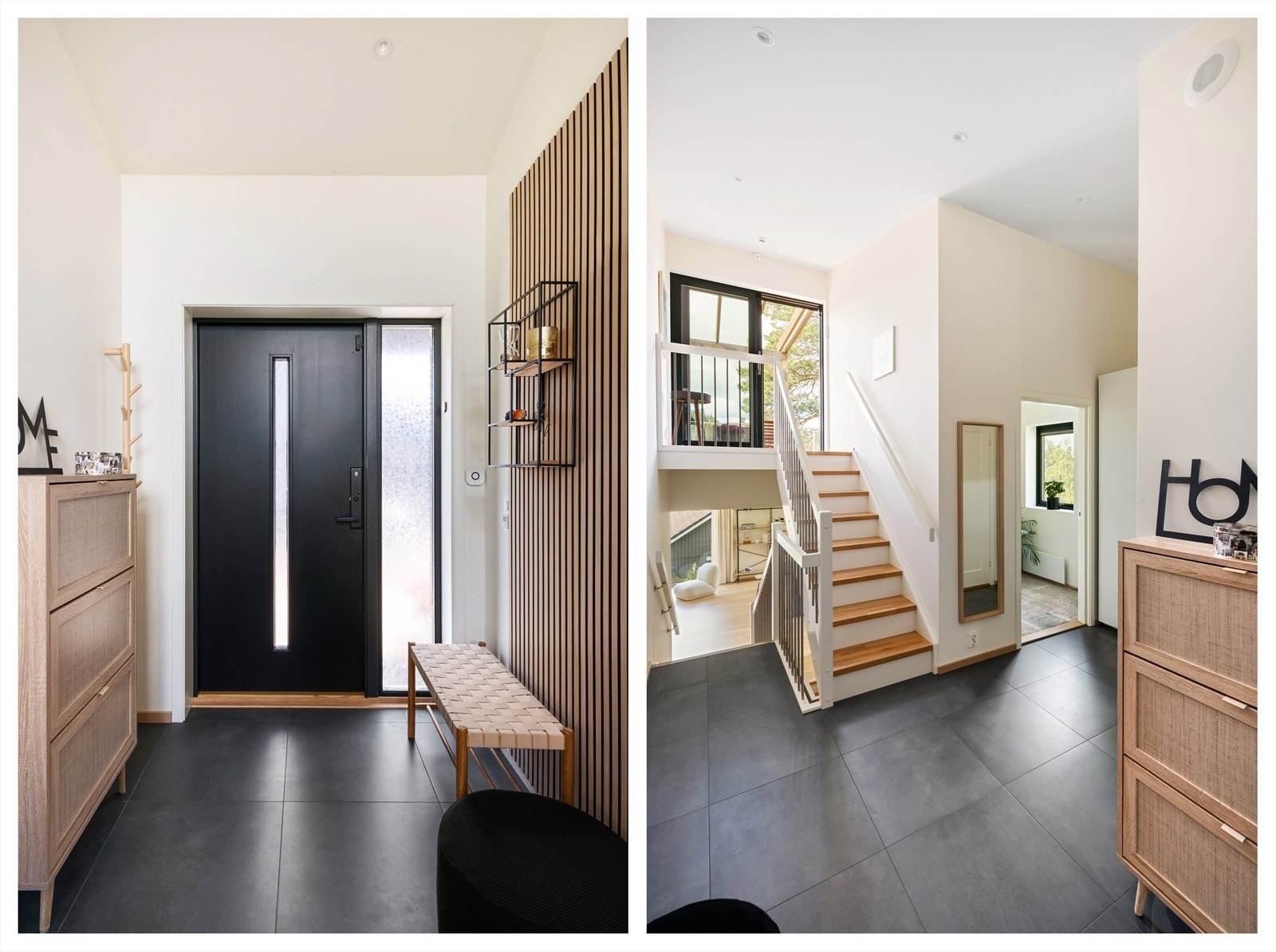 Innredningen kombinerer funksjon og estetikk, med flislagt gulv med behagelige, elektriske varmekabler, glattmalte vegger i en lys og nøytral tone, samt en dekorativ spilevegg som tilfører varme og karakter til rommet. Galleribilde