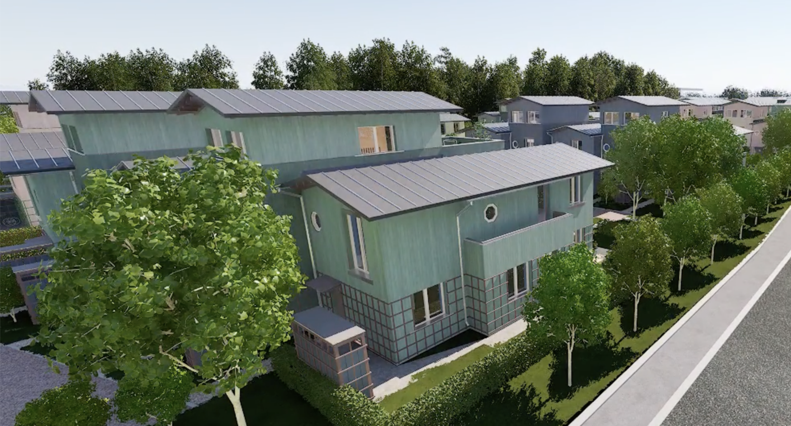 Bildet er tatt fra utbyggers solmodell og viser beliggenheten og utseendet til rekkehuset. Bildet kan avvike fra ferdig leveranse Galleribilde