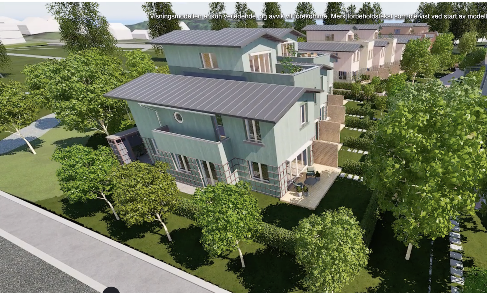 Bildet er tatt fra utbyggers solmodell og viser beliggenheten og utseendet til rekkehuset. Bildet kan avvike fra ferdig leveranse Galleribilde