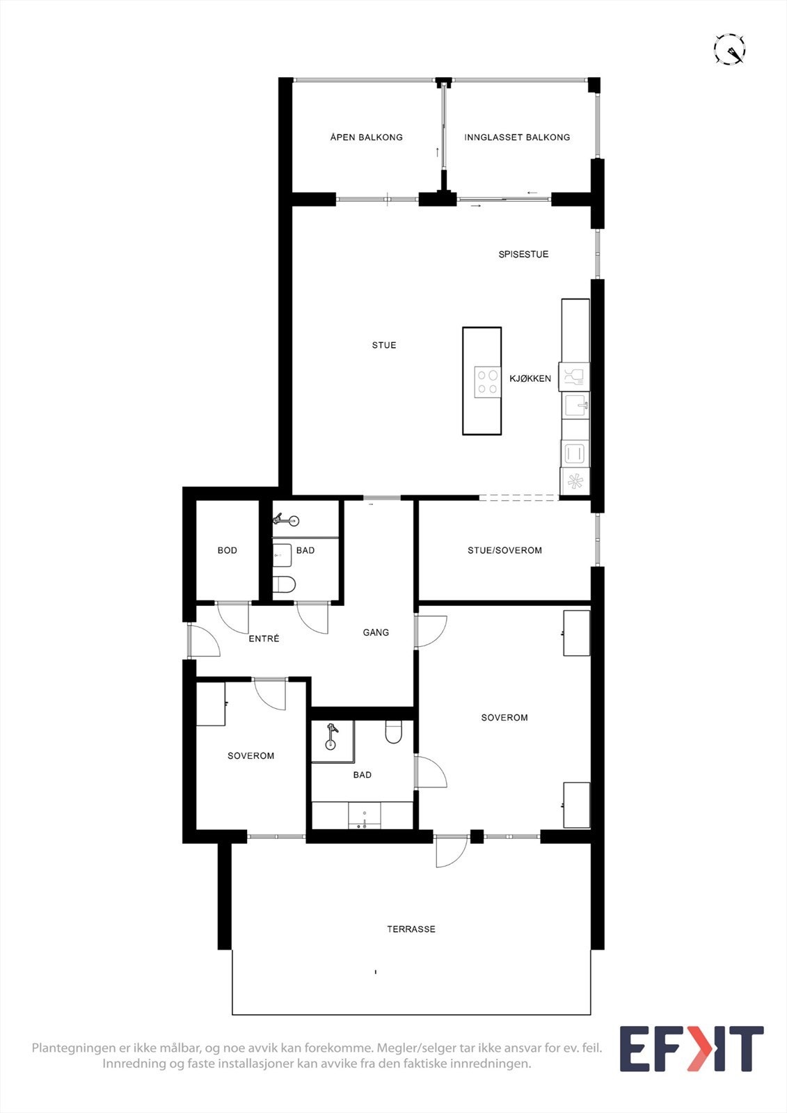 Leiligheten byr på 100 m² med en gjennomtenkt og arealeffektiv rominndeling. Galleribilde