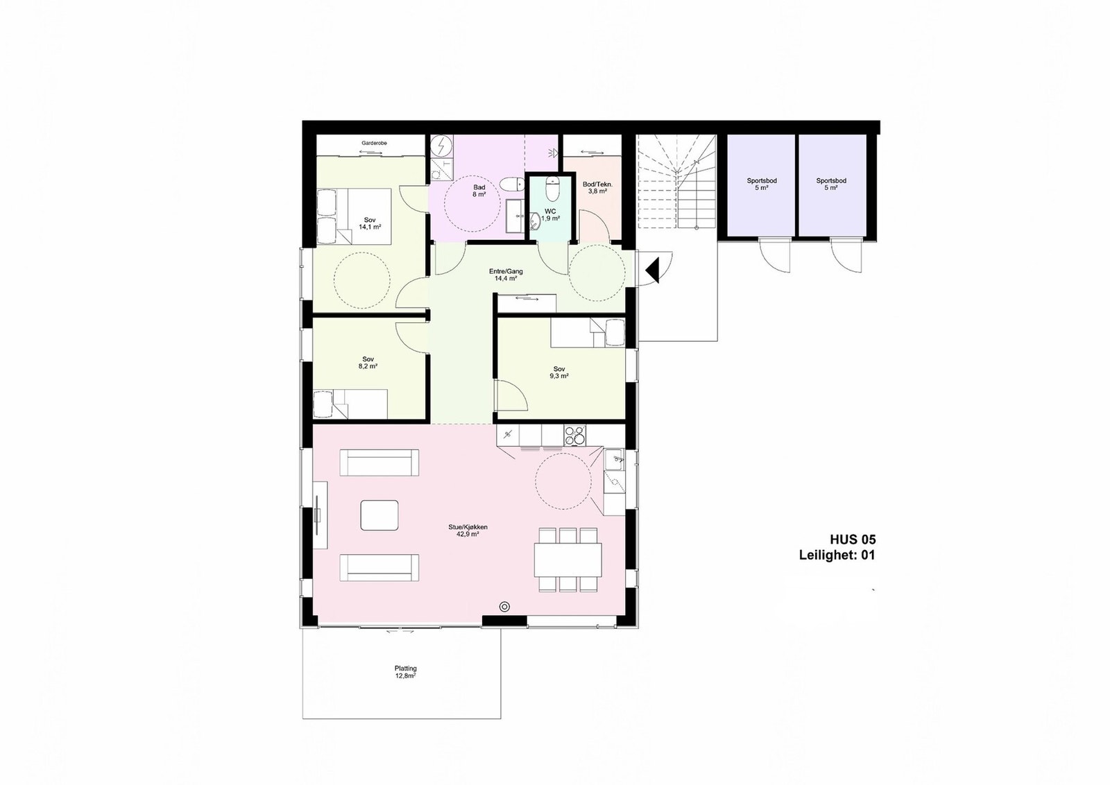 Planillustrasjon av leilighet. Medfølgende sportsbod. Galleribilde