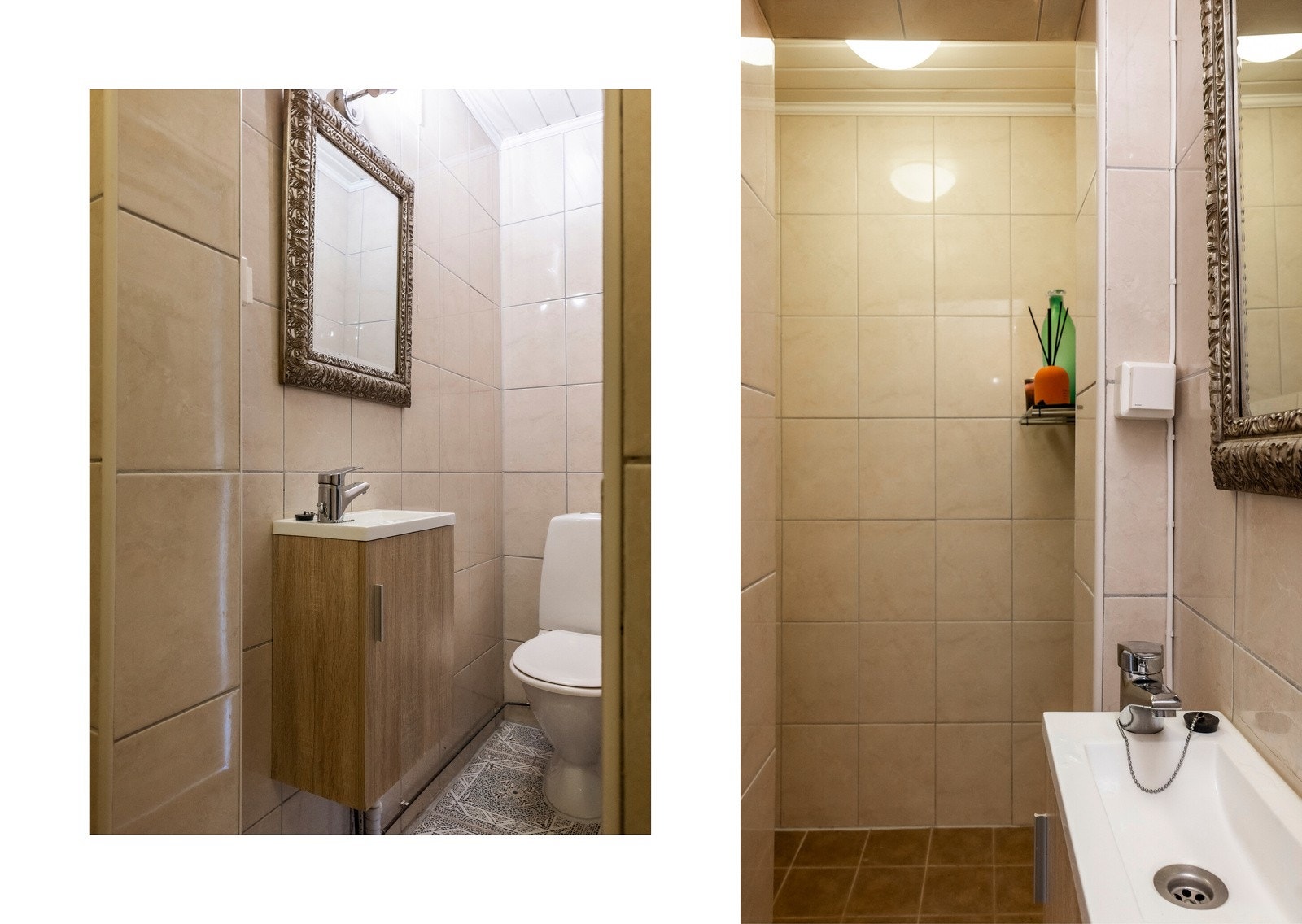 Badet er lite og intimt, med beige fliser som gir en nostalgisk og rustikk karakter. Et enkelt, men sjarmerende rom som dekker behovene Galleribilde