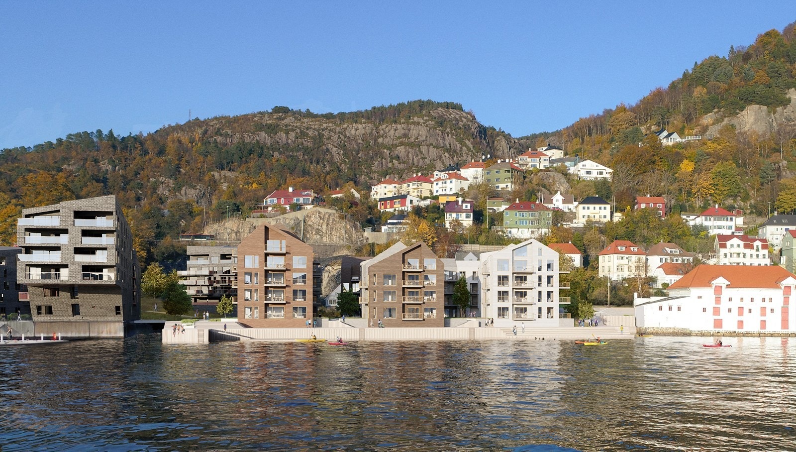 Vakkert beliggende helt i bryggekanten langs Byfjorden i Sandviken er en sjelden sjanse for alle som ønsker det lille ekstra . Leiligheten ligger i A blokken til venstre i bilde. Galleribilde