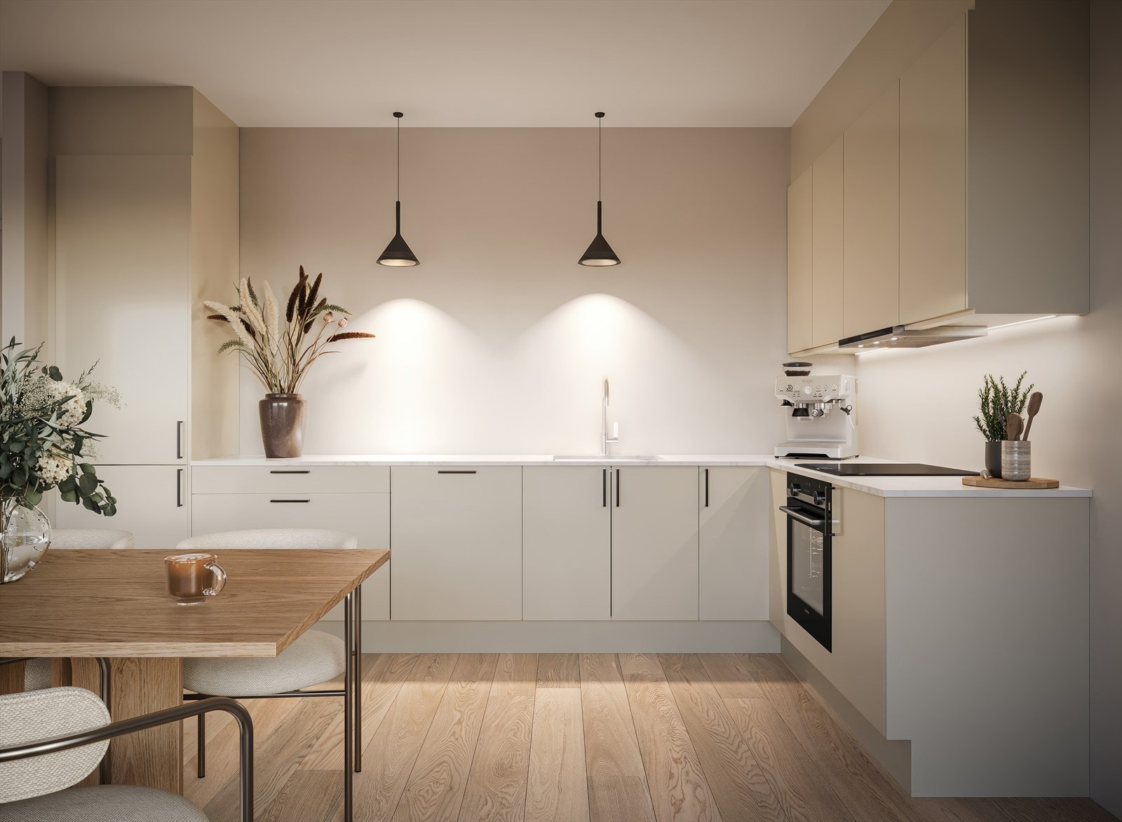 I leiligheten blir det levert en elegant kjøkkeninnredning fra Sigdal i modell Line Palett i fargen Korn med sorte håndtak i underskap, og push i overskap. Kjøkkenet er oppdraget med ovn i høyskap. Galleribilde