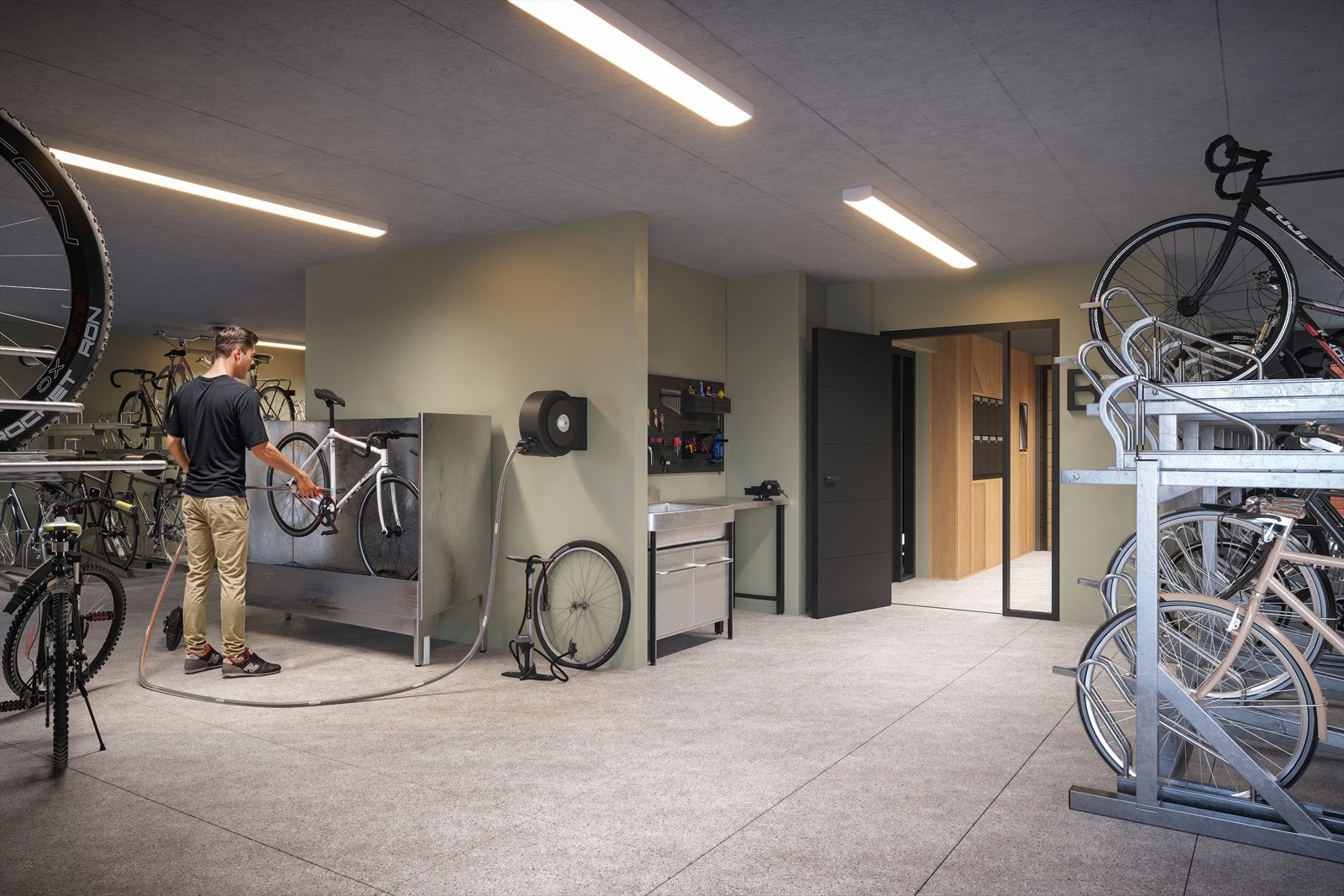 I bygg B kommer det en stor sykkelbod med plass til over 200 sykler, flere sykkelstativ og tilgjengeligjort for lading av elsykler. Det blir egen sykkelvask og verksted i sykkelboden. Galleribilde