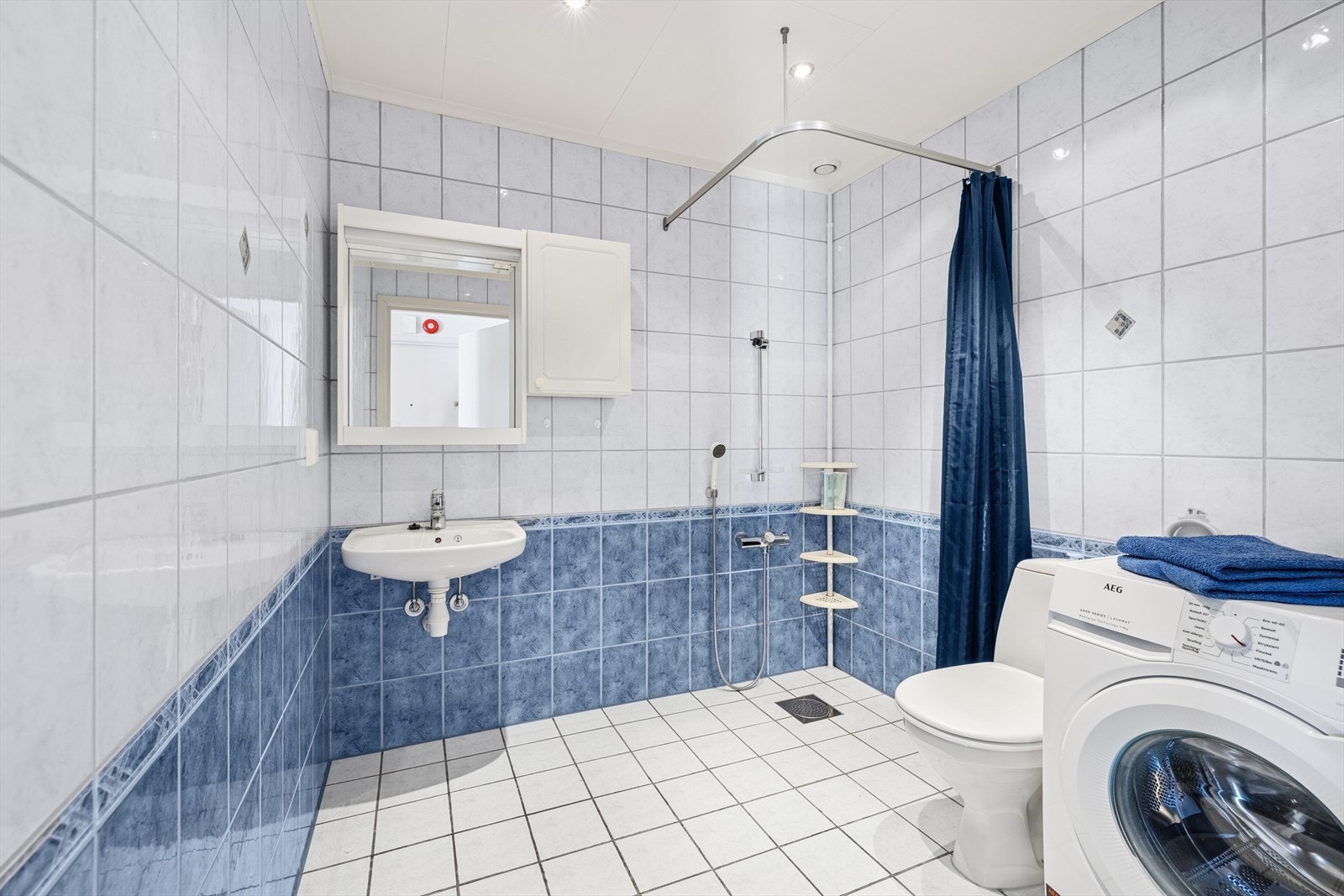 Badet er enkelt innredet med en vegghengt servant, speil, dusjhjørne med forheng, et gulvmontert toalett og opplegg for vaskemaskin. Galleribilde